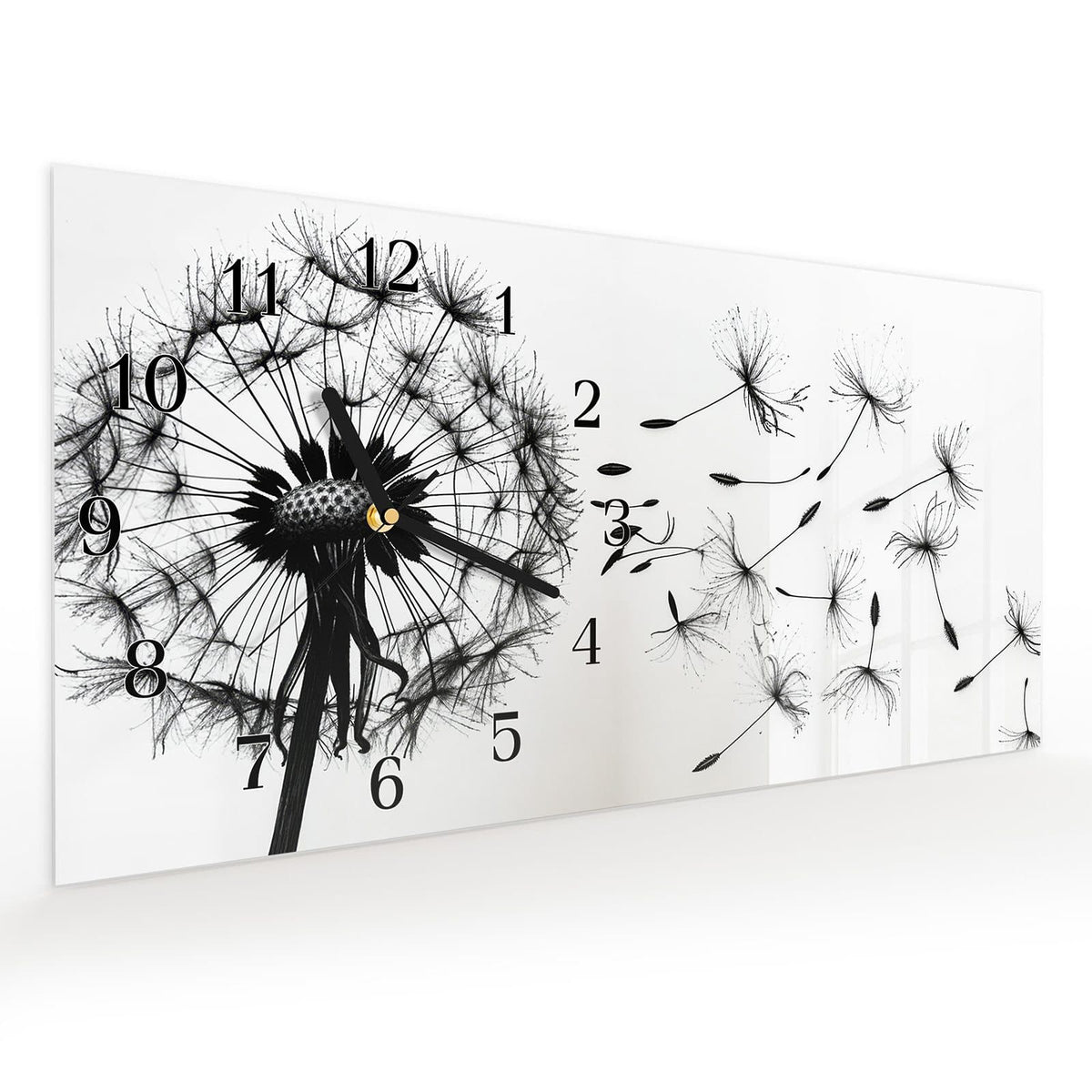 Vormontiert – mit Schwebeeffekt – Wanduhr Pusteblume aus Glas – Querformat 60 × 30 cm