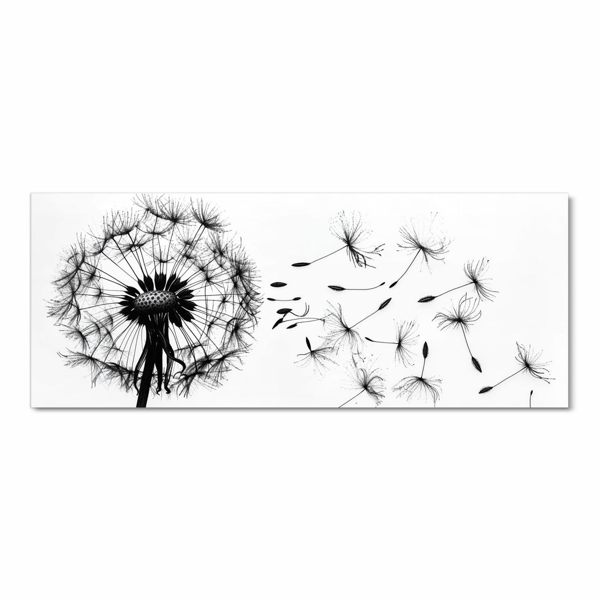 Schwarze Pusteblumen-Silhouette mit davonfliegenden Samen auf reinweißem Grund, rein schwarzweiß.