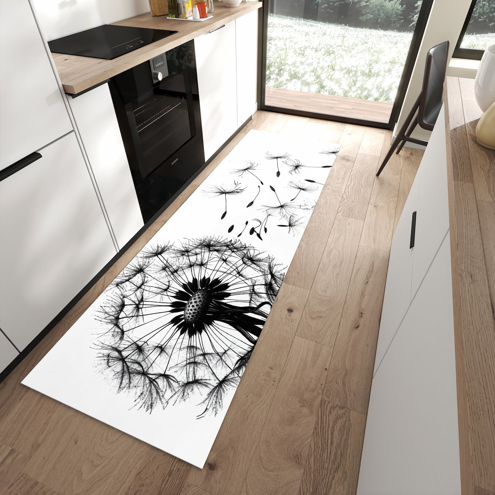 Farbbeständiger Läufer für den Eingangsbereich mit Motiv Pusteblume in moderner Küche