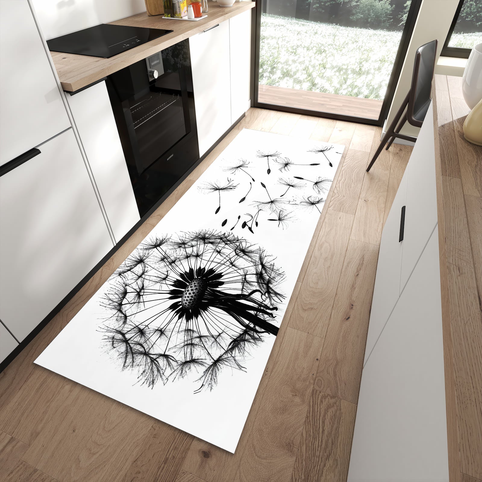 Geräuschdämpfender dünner Küchenteppich mit Motiv Pusteblume in moderner Küche