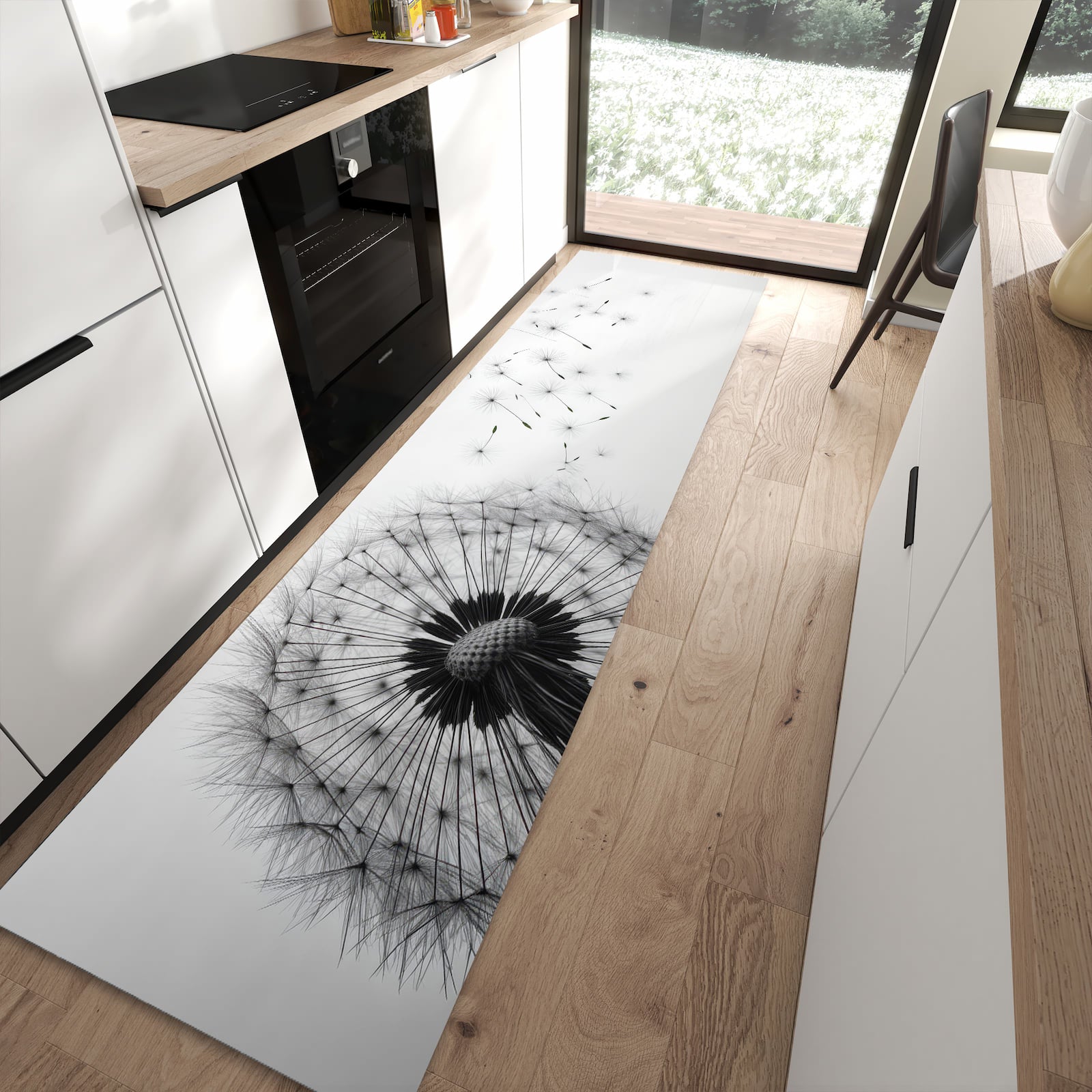 Pflegeleichter Küchenläufer mit Motiv Pusteblume im Wind in moderner Küche