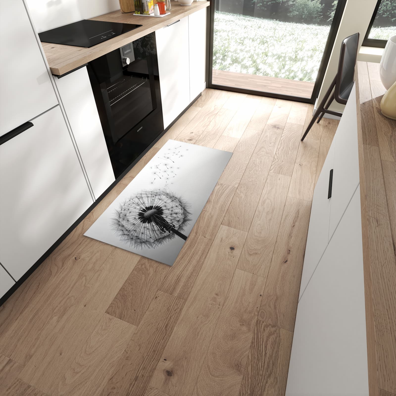 Komfortabler Küchenteppich mit Motiv Pusteblume im Wind in moderner Küche - abwaschbar #grösse_60 x 120 cm