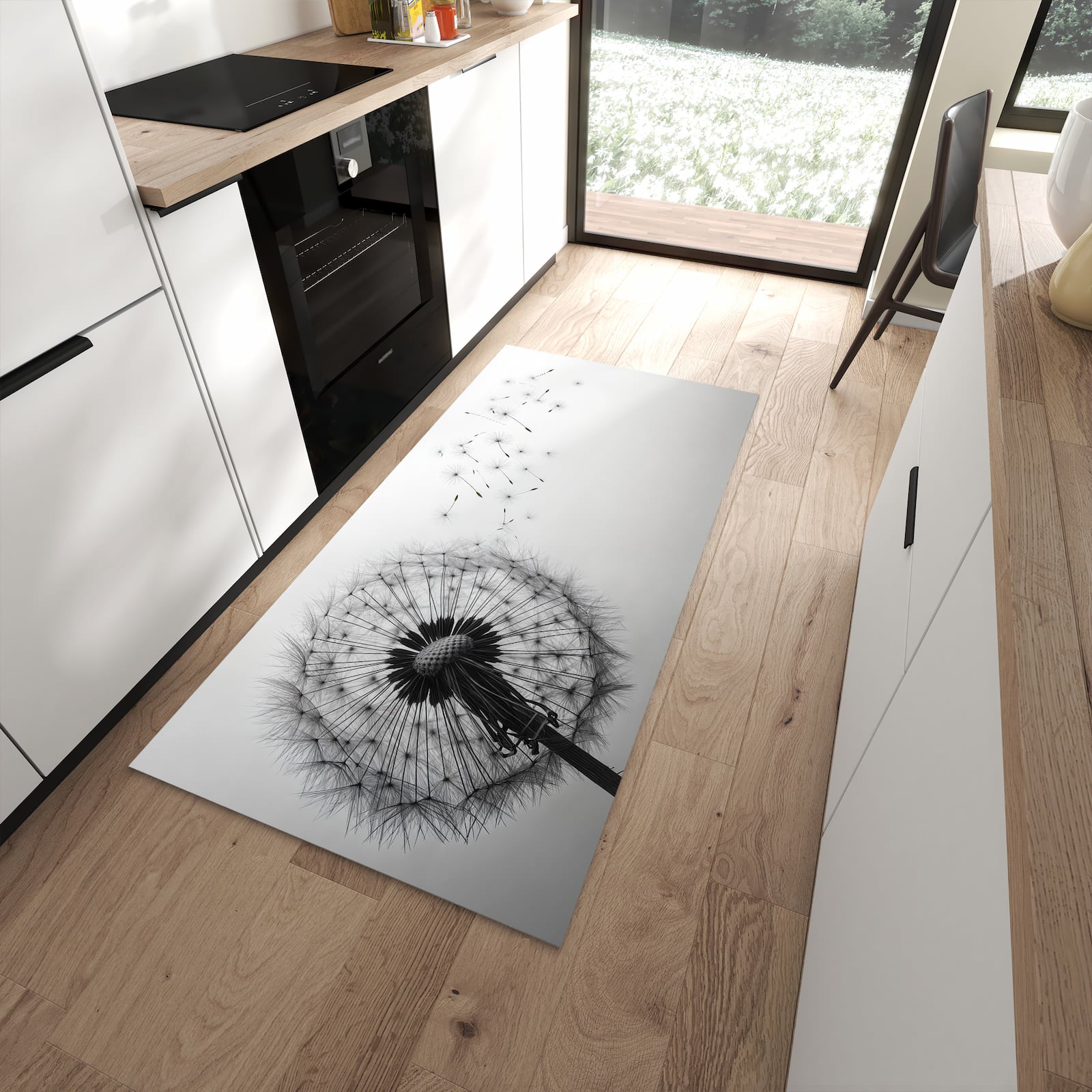 Küchenteppich mit Motiv Pusteblume im Wind für angenehme Haptik in moderner Küche