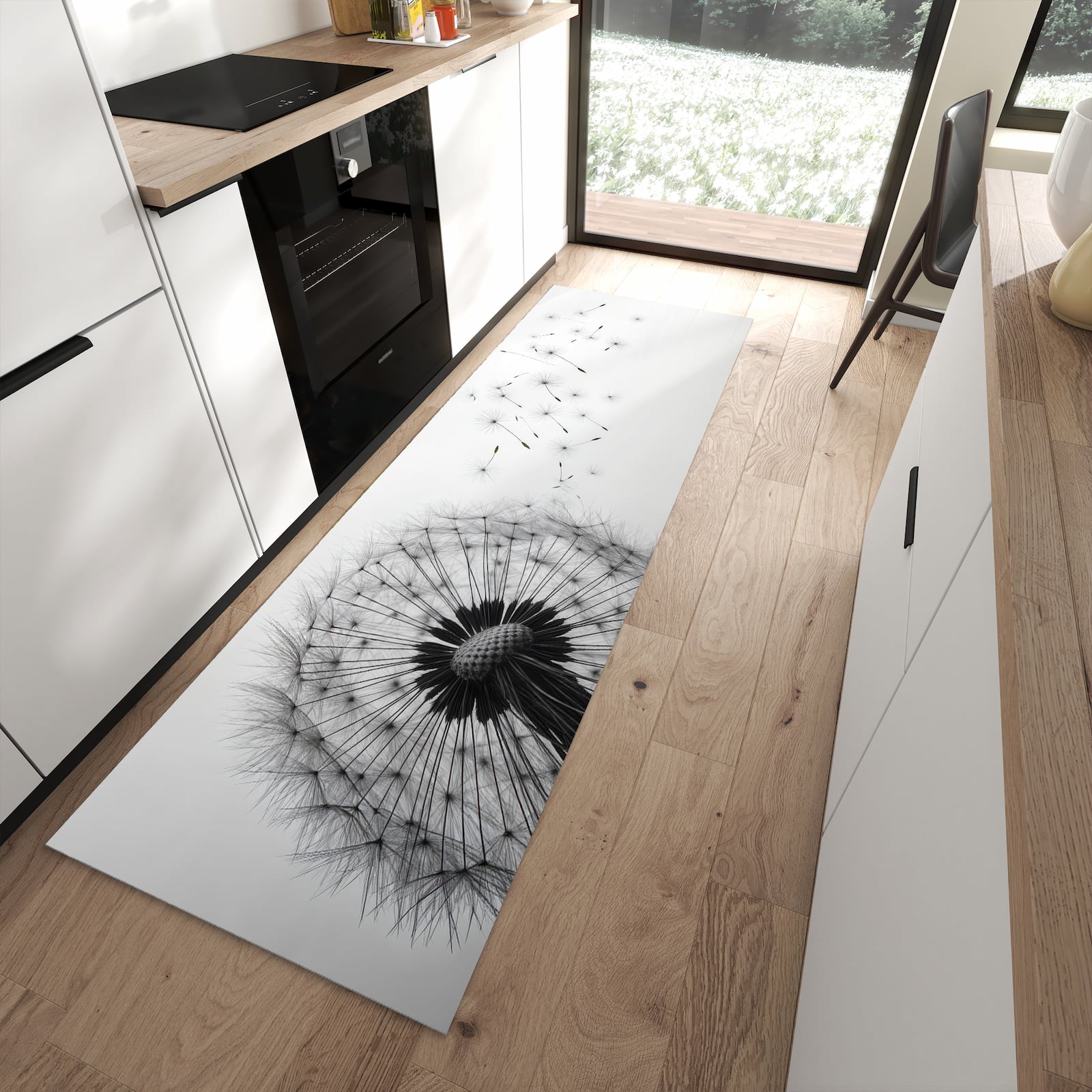 Komfortabler Küchenteppich mit Motiv Pusteblume im Wind in moderner Küche