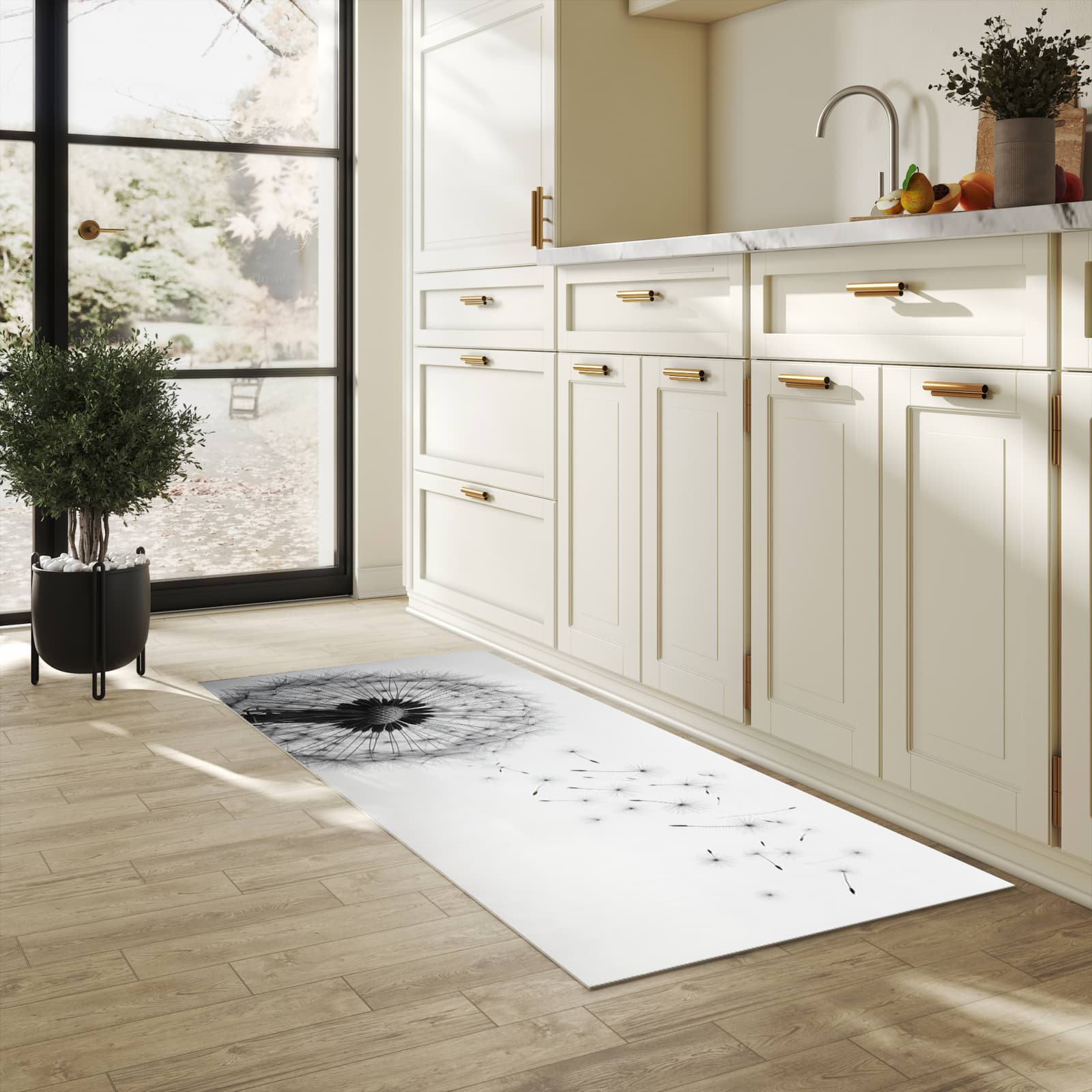 Rutschfester dünner Küchenteppich mit Motiv Pusteblume im Wind in heller Küche