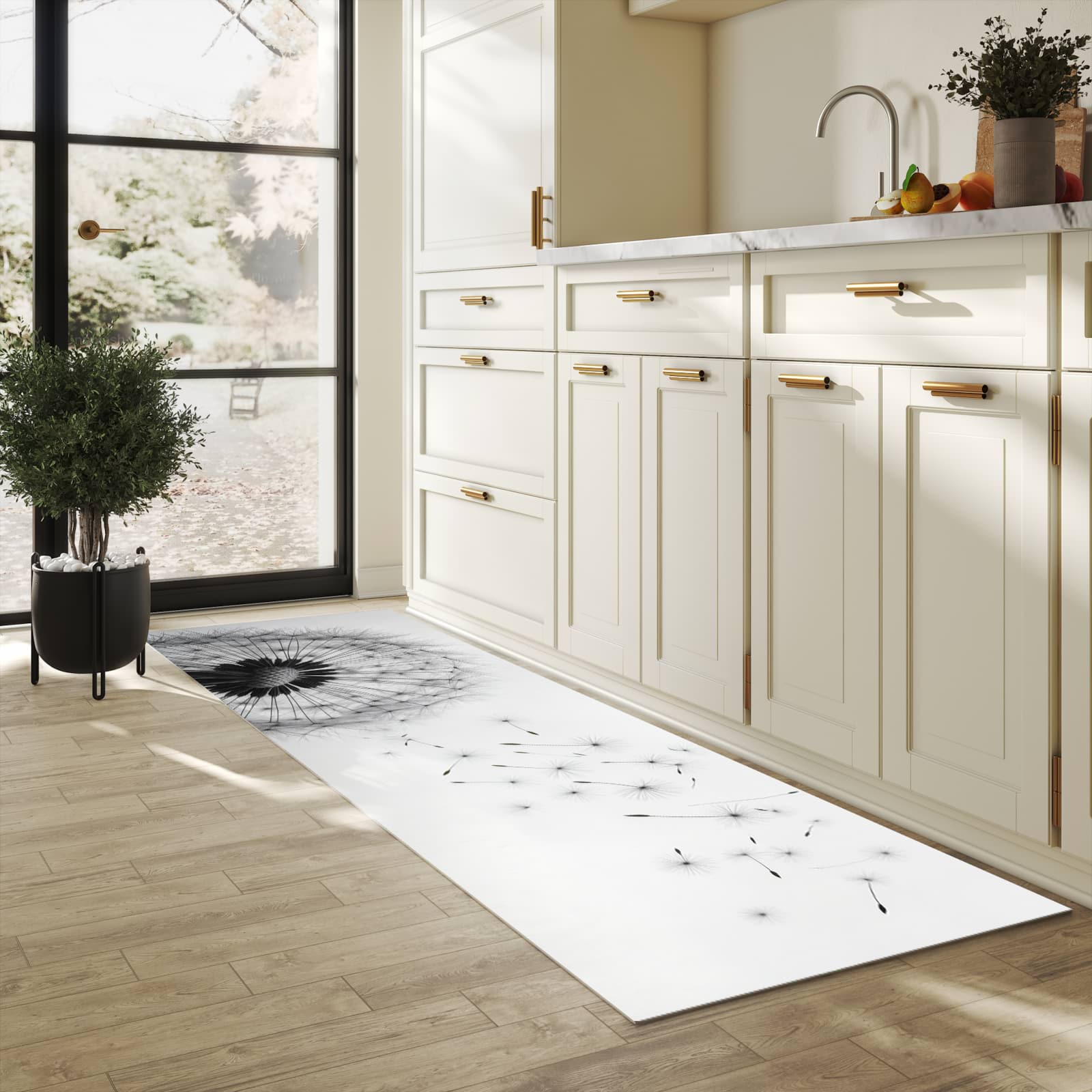 Küchenteppich mit angenehmer Haptik und Motiv Pusteblume im Wind in heller Küche, waschbar