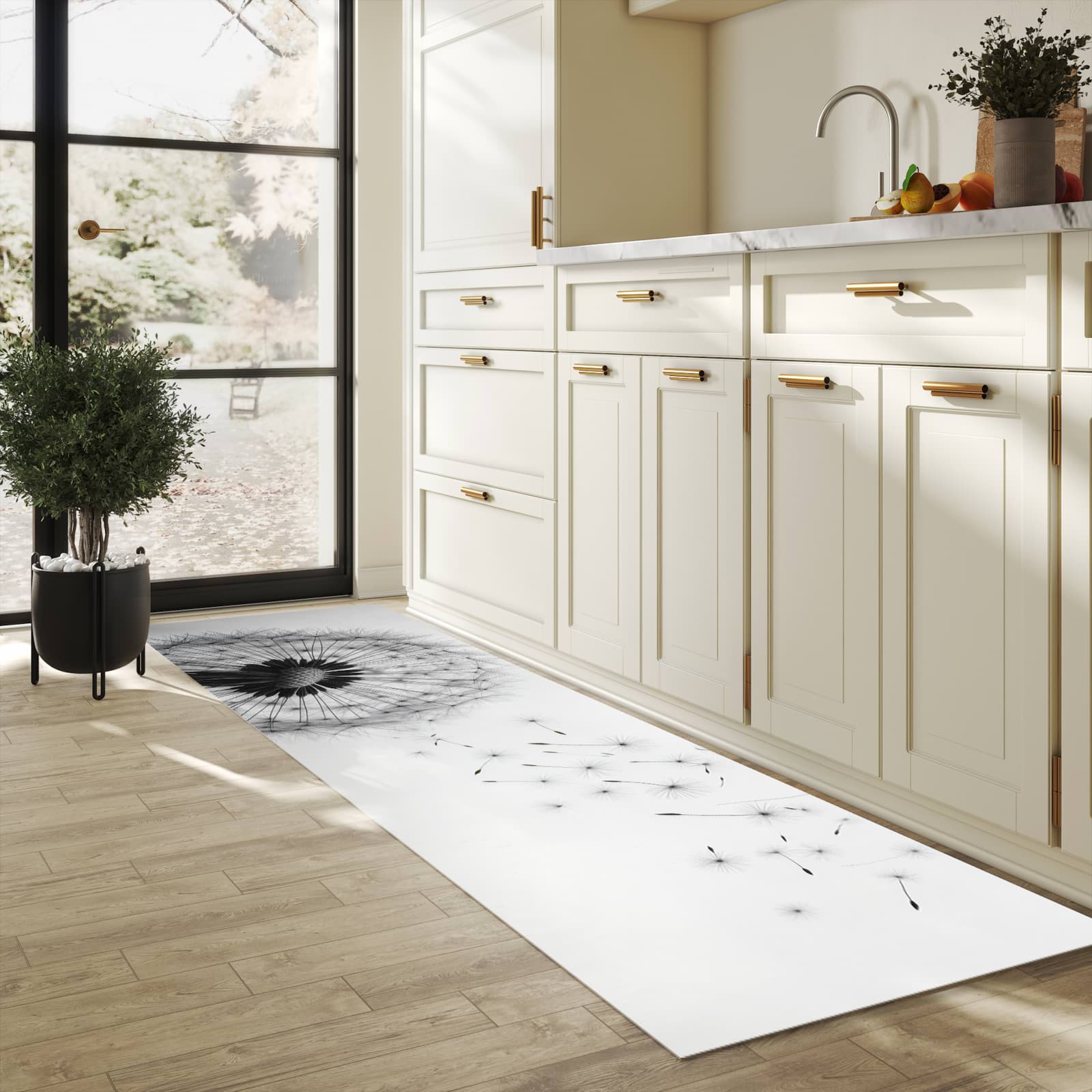 Hygienischer rutschfester Küchenteppich mit Motiv Pusteblume im Wind in heller Küche