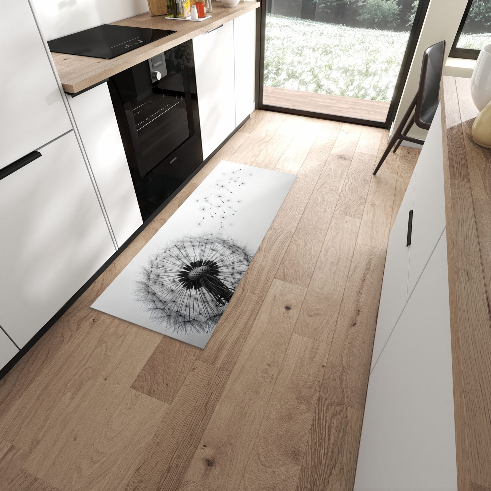 Wasserabweisender Küchenteppich mit Motiv Pusteblume im Wind in moderner Küche #grösse_60 x 150 cm