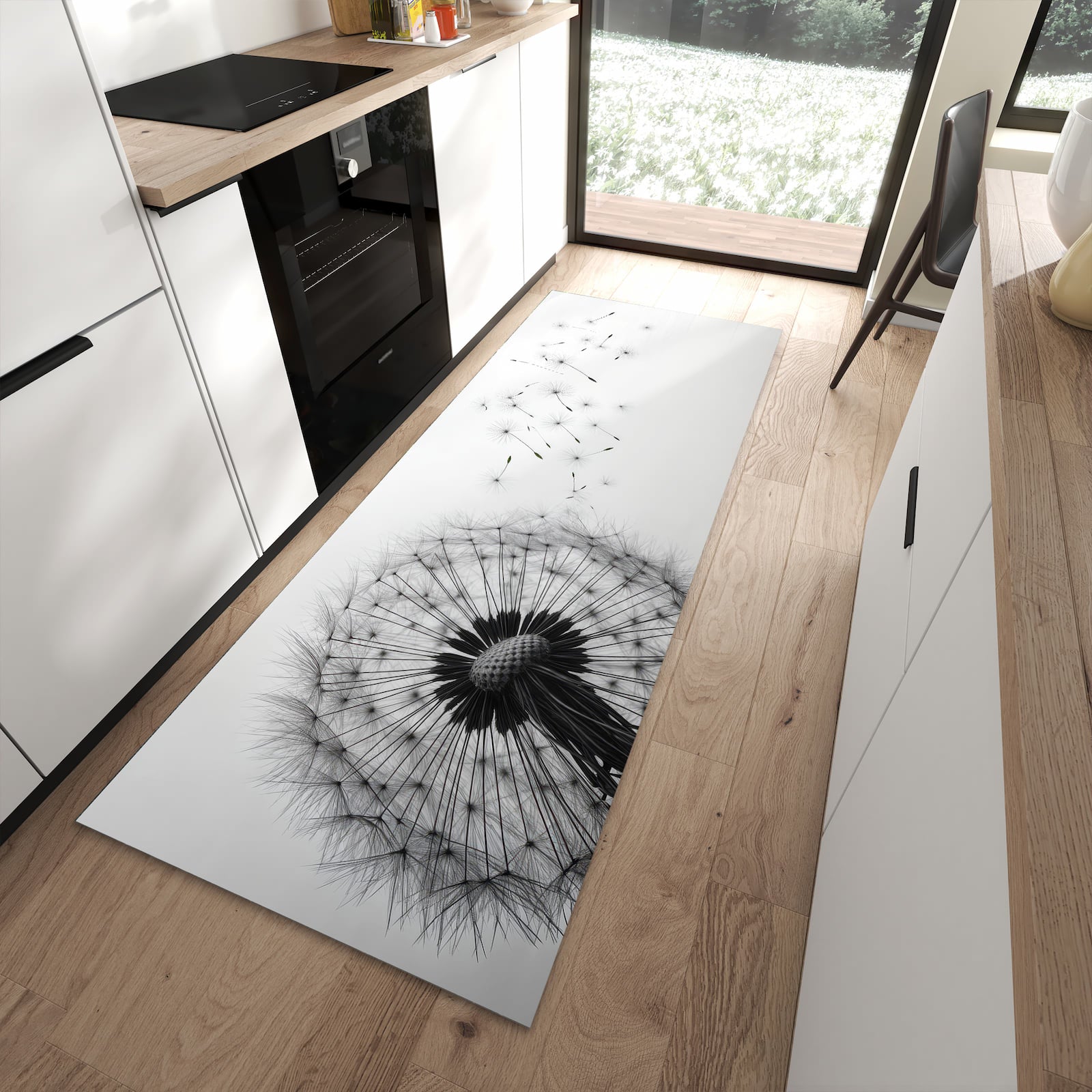 Hygienischer Küchenteppich mit Motiv Pusteblume im Wind in moderner Küche