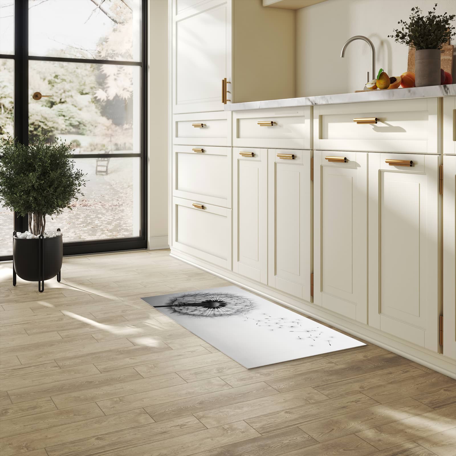 Fleckenresistenter waschbarer Läufer mit Motiv Pusteblume im Wind in heller Küche