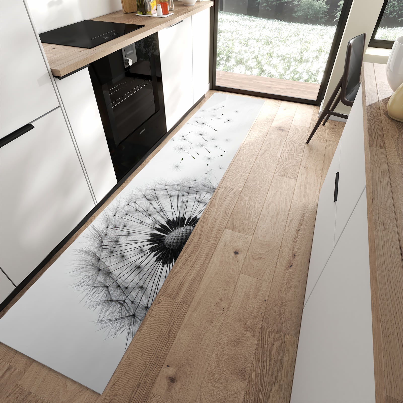 Langlebiger Küchenteppich mit Motiv Pusteblume im Wind in moderner Küche