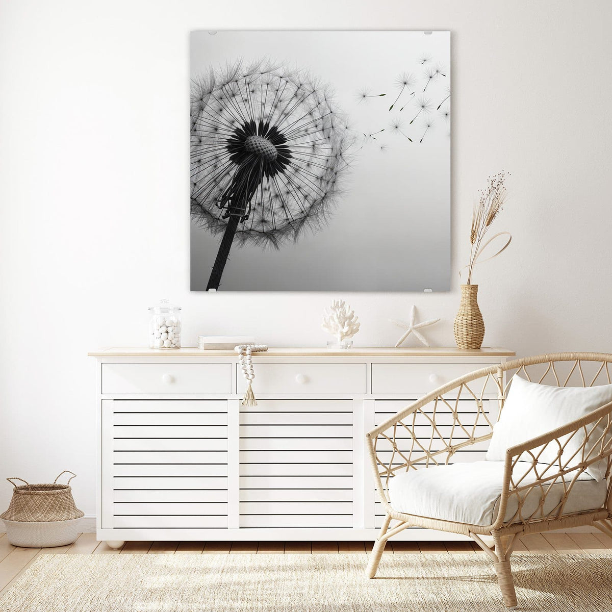 Echtglas, 4 mm – kein Acryl, keine Folie – Wandbild - Pusteblume im Wind - Quadratisch
