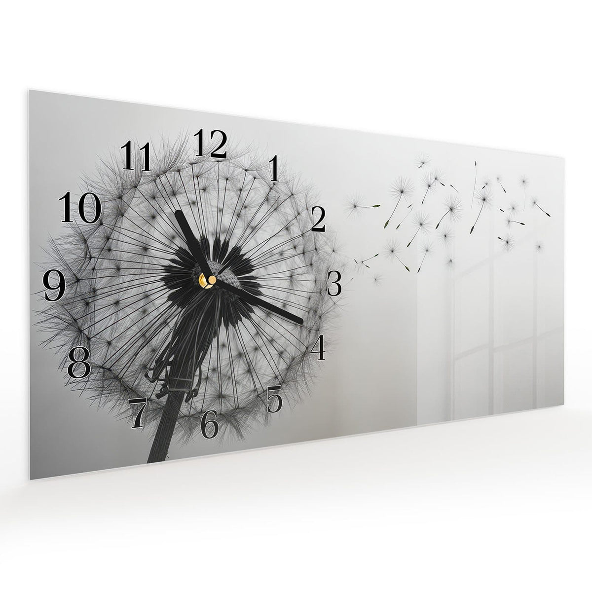 Vormontiert – mit Schwebeeffekt – Wanduhr Pusteblume im Wind aus Glas – Querformat 60 × 30 cm