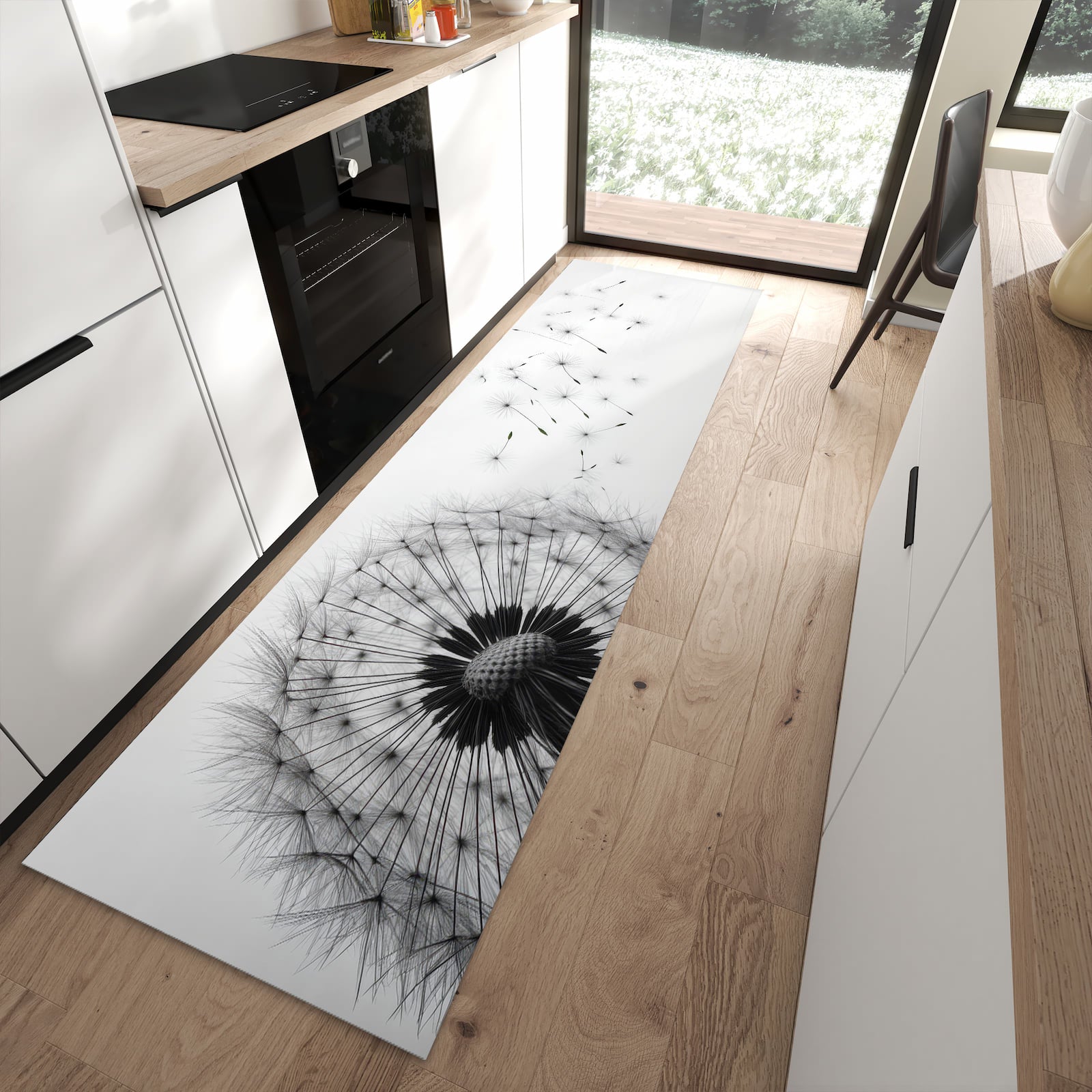 Rutschfester Küchenläufer mit Motiv Pusteblume im Wind in moderner Küche
