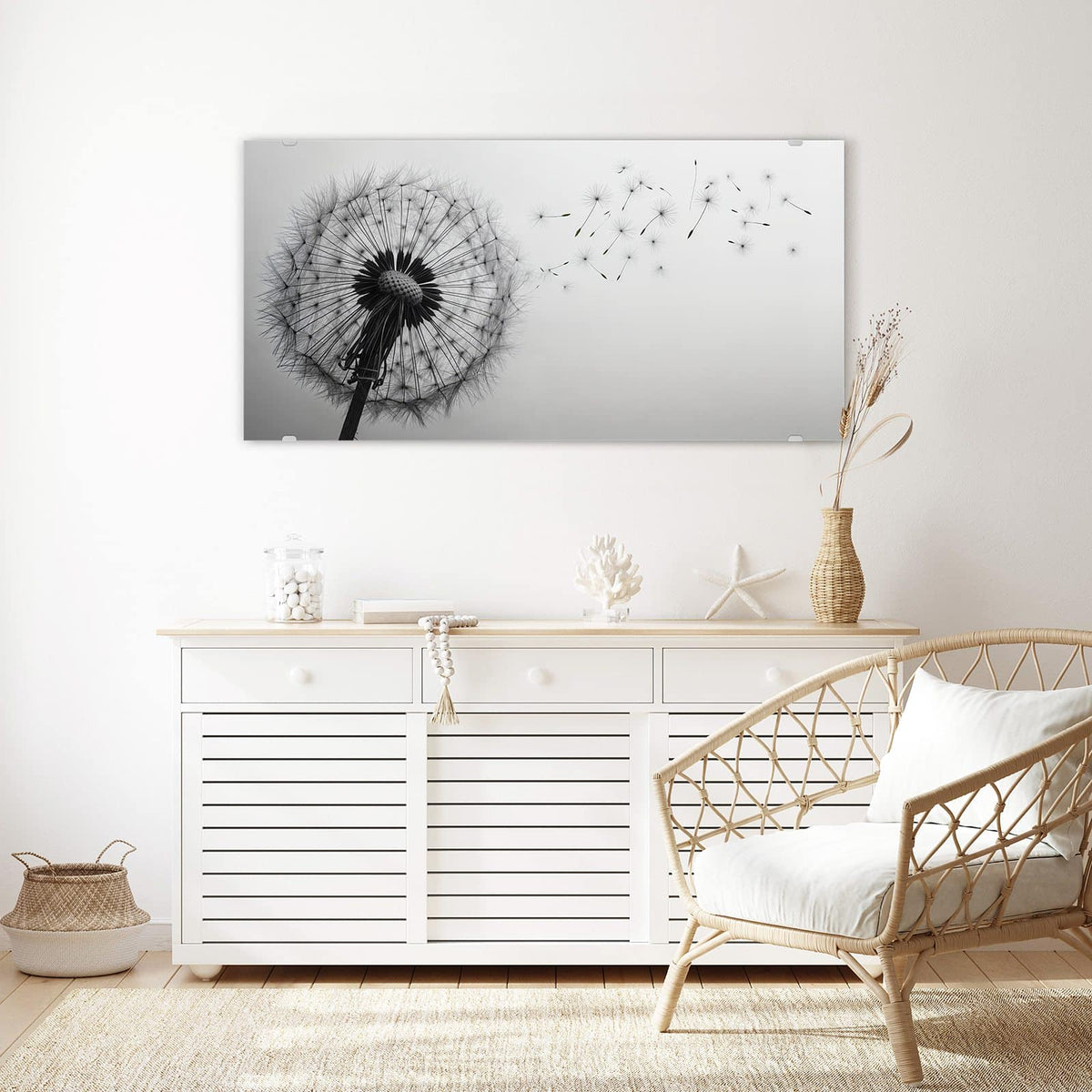 Echtglas, 4 mm – kein Acryl, keine Folie – Wandbild - Pusteblume im Wind - Querformat