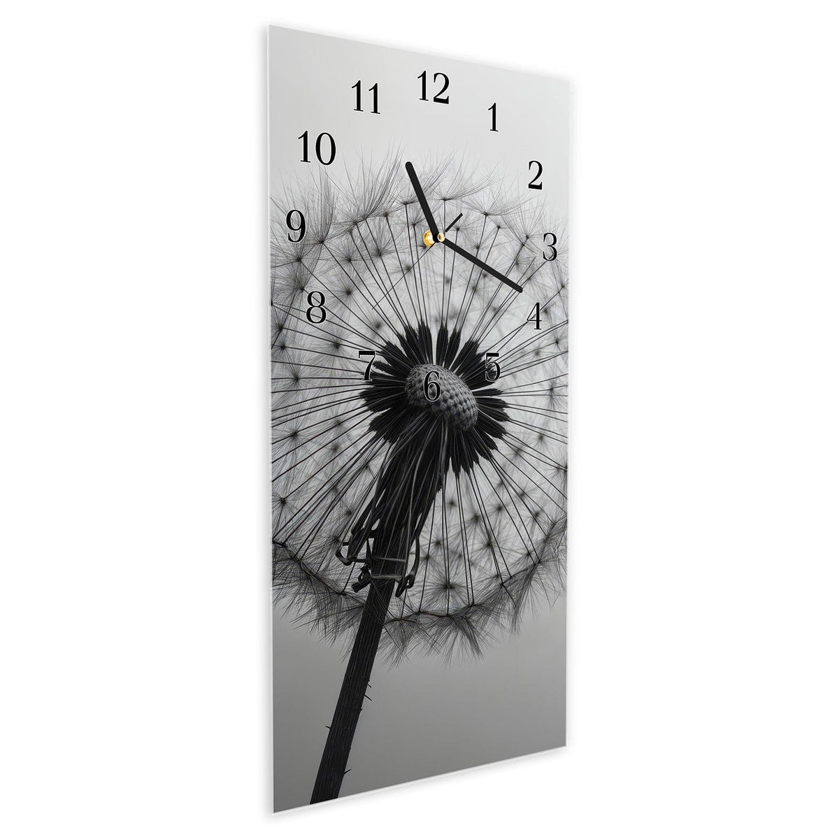 Vormontiert – mit Schwebeeffekt – Wanduhr Pusteblume im Wind aus Glas – Hochformat 30 × 60 cm