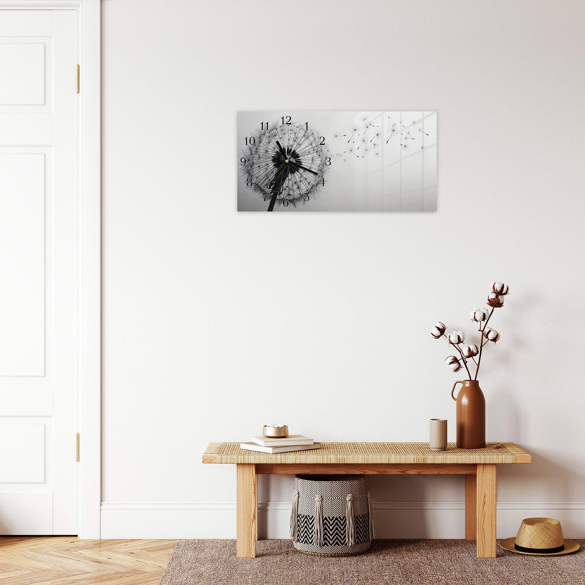 Moderne Wanduhr aus Glas mit Farbtiefe – Wanduhr Pusteblume im Wind aus Glas – Querformat 60 × 30 cm