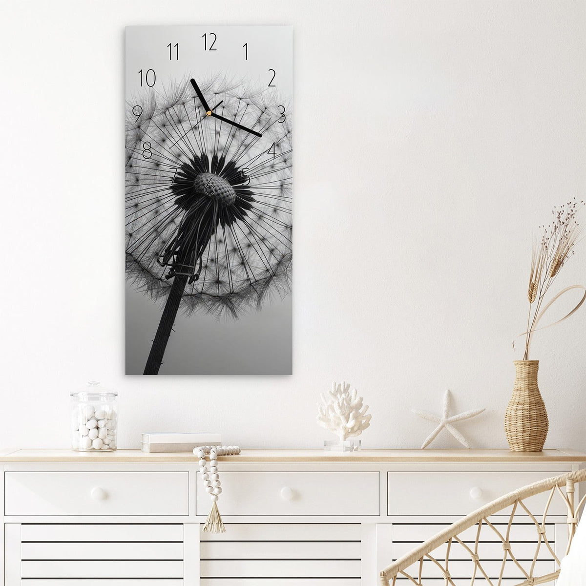 Wanduhr Pusteblume im Wind aus Glas – Löwenzahnsamen vom Wind getragen
