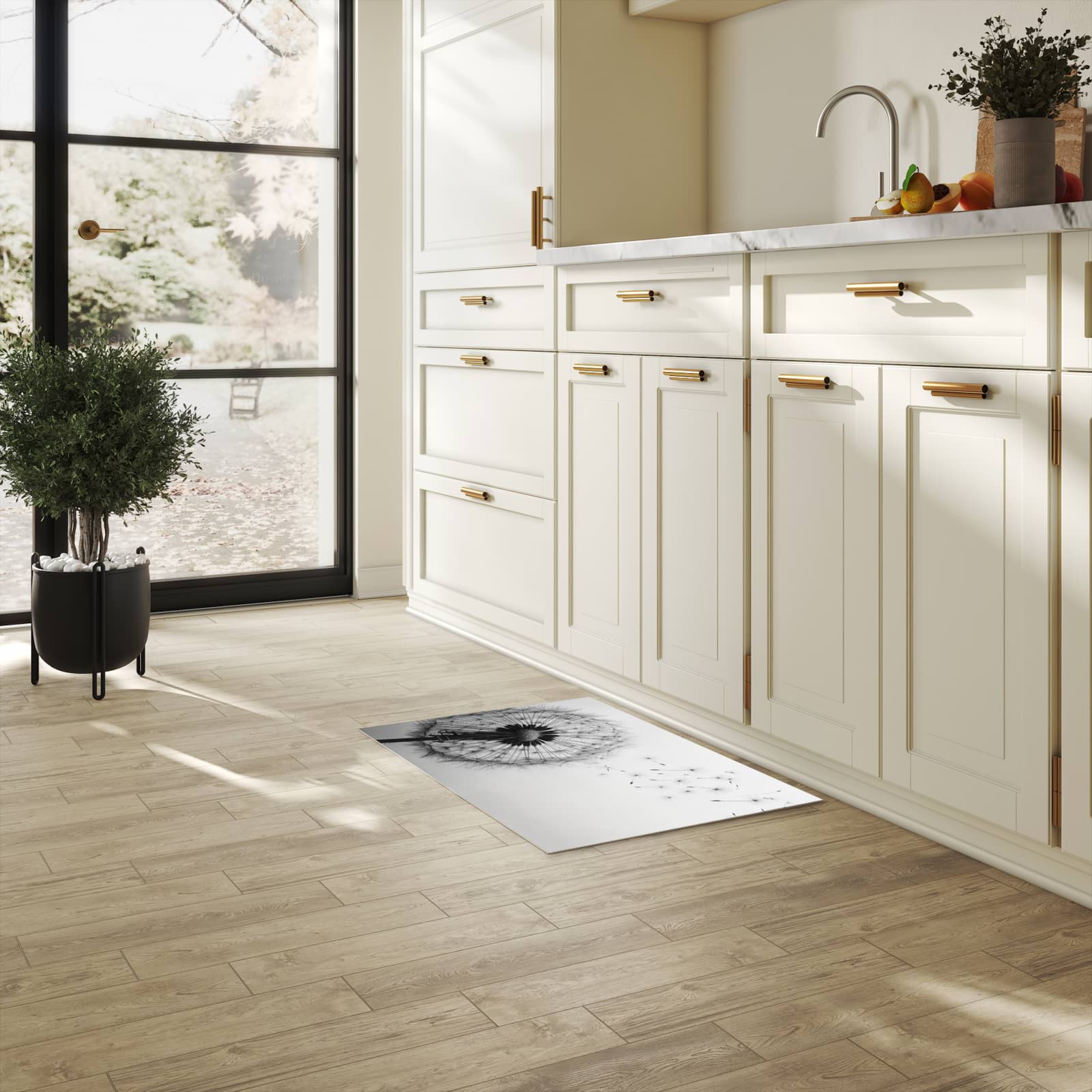 Komfortabler rutschfester Küchenteppich mit Motiv Pusteblume im Wind in heller Küche