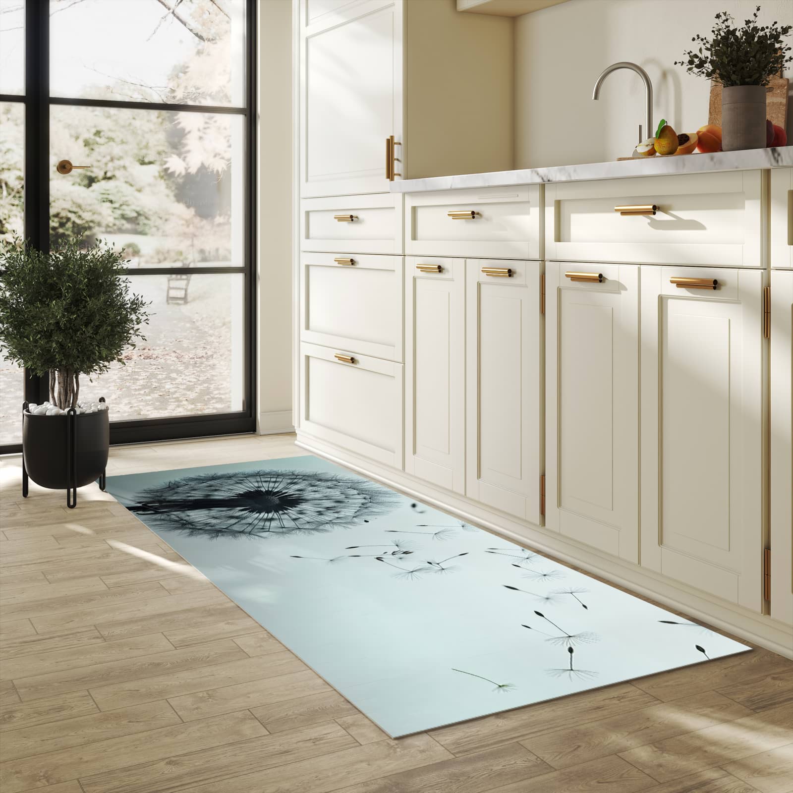 Wasserabweisender Teppichläufer mit Motiv In Wind Pusteblume in heller Küche