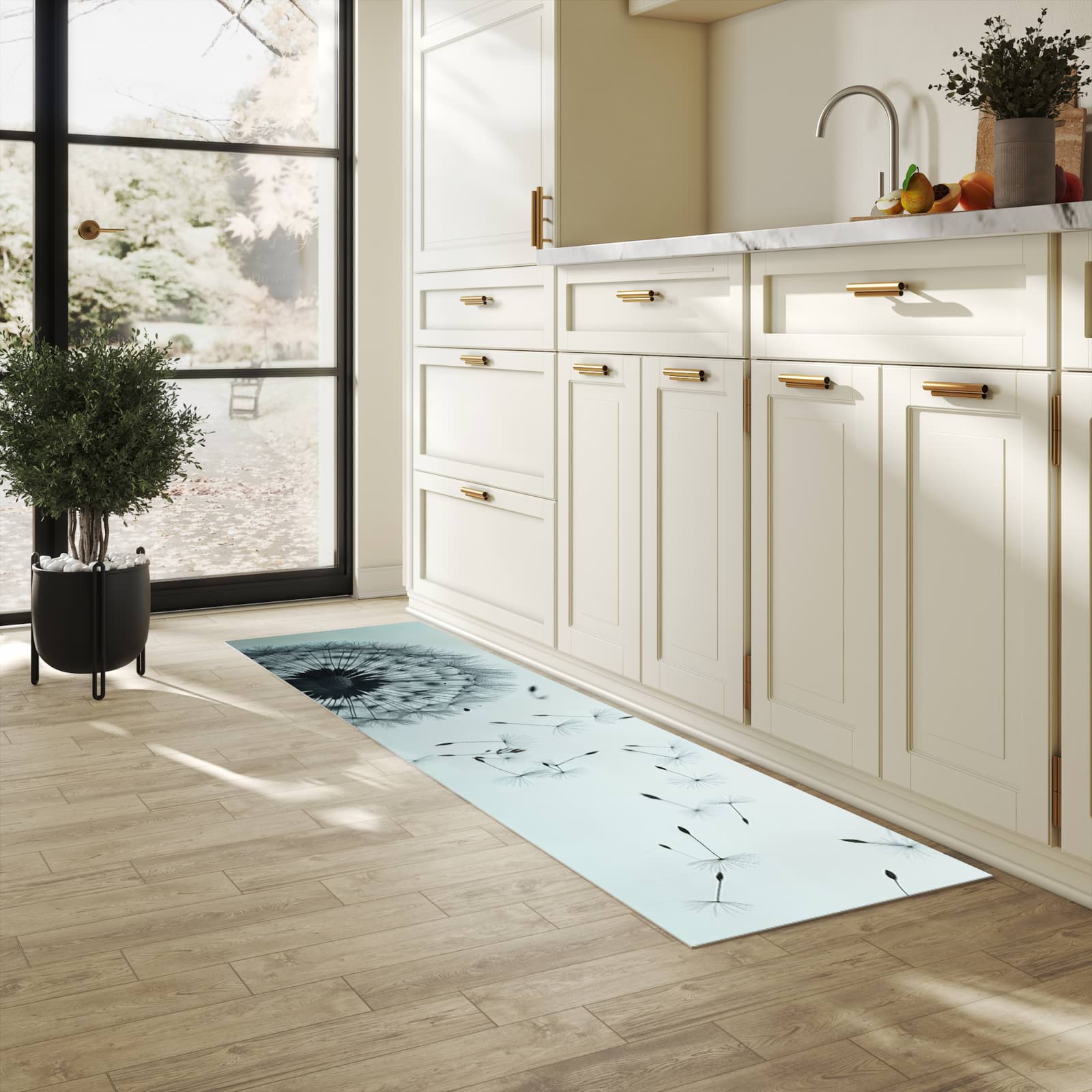 Bodenschonender Küchenteppich mit Motiv In Wind Pusteblume in heller Küche