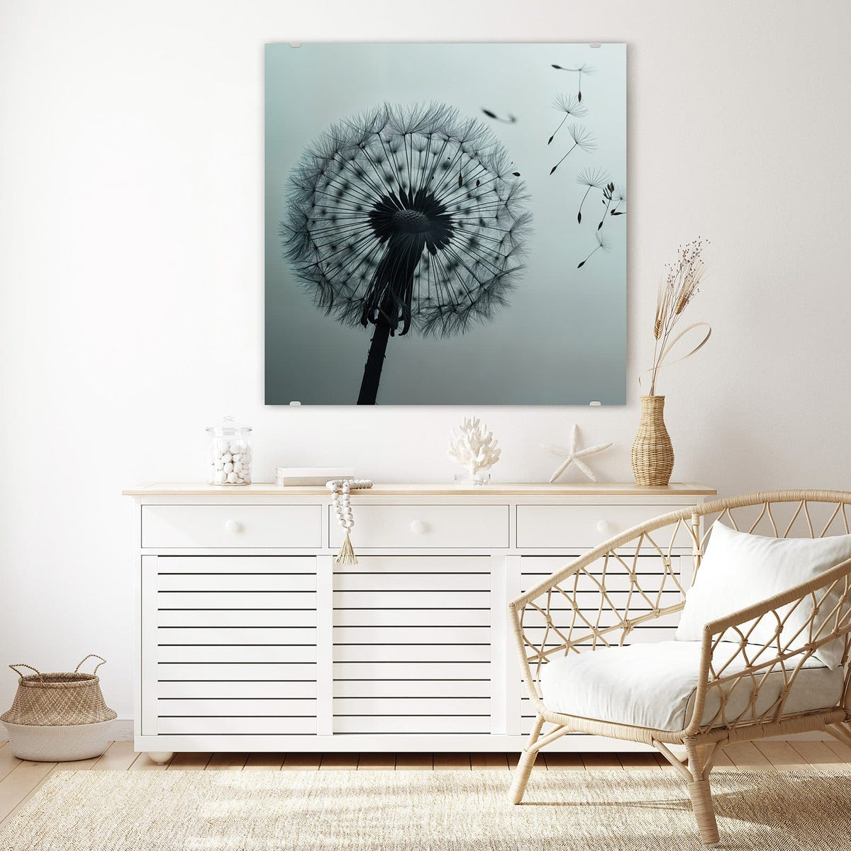 Echtglas, 4 mm – kein Acryl, keine Folie – Wandbild - Pusteblume in Graublau - Quadratisch