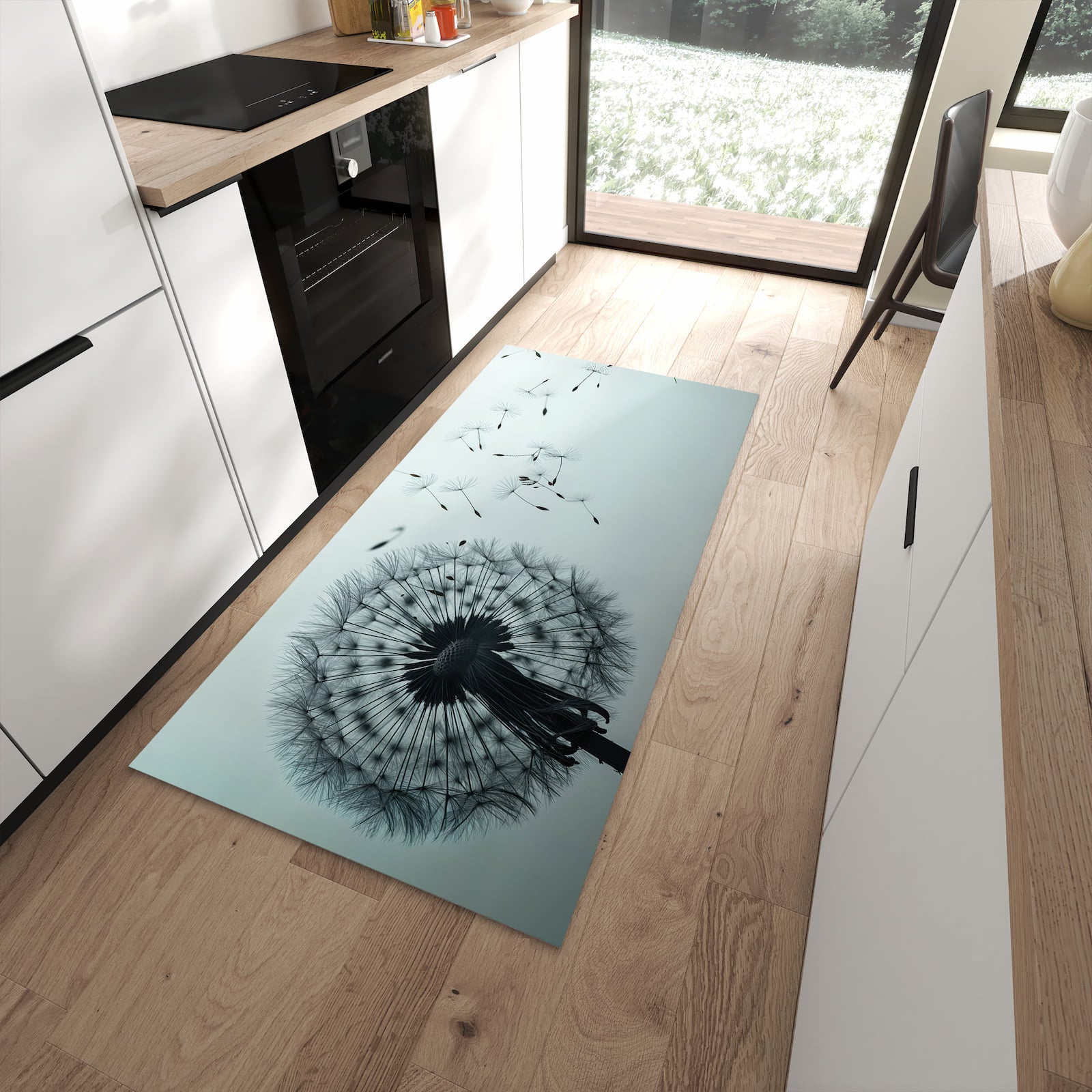 Abriebfester moderner Küchenläufer mit Motiv In Wind Pusteblume in moderner Küche