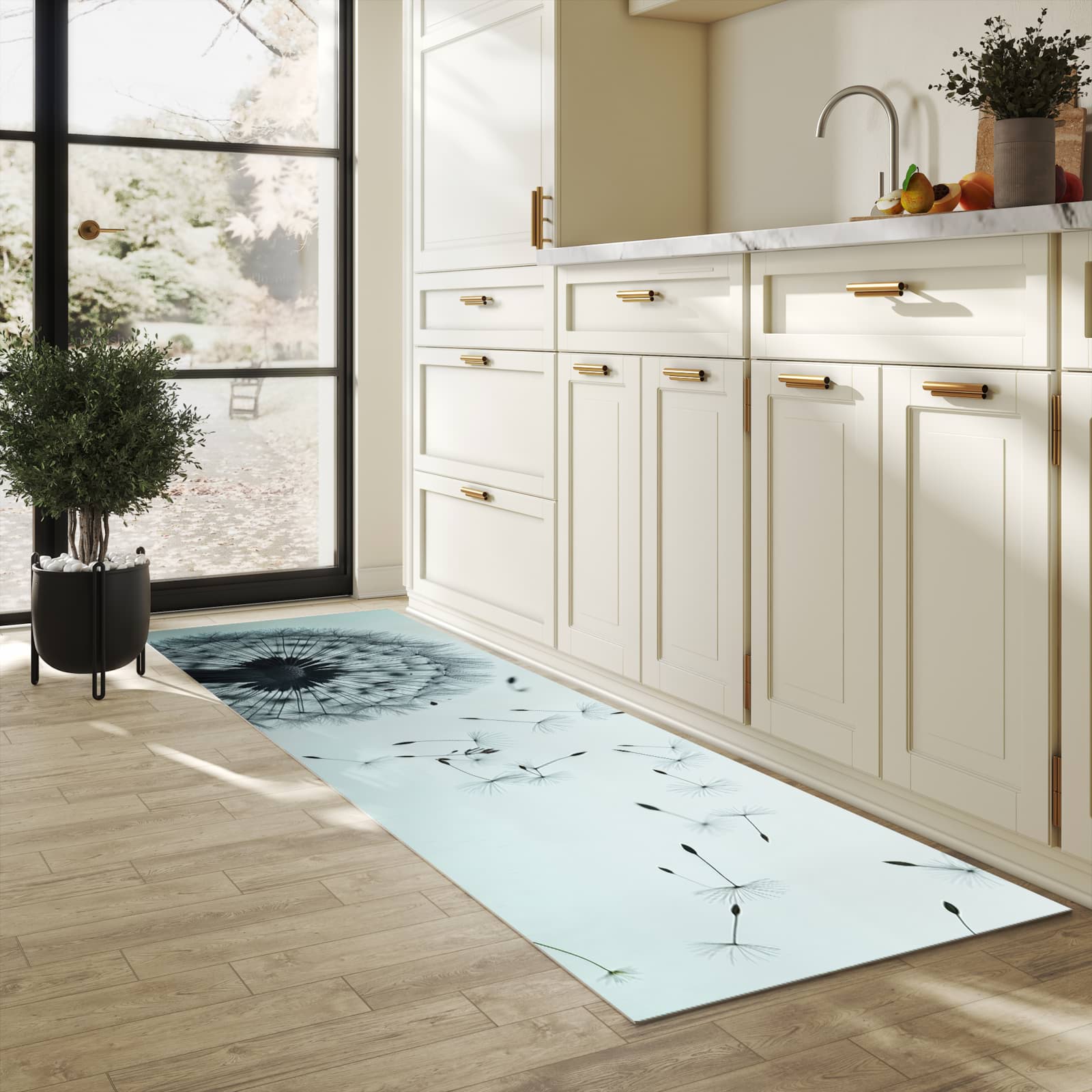 Abriebfester waschbarer Teppich Küche mit Motiv In Wind Pusteblume in heller Küche