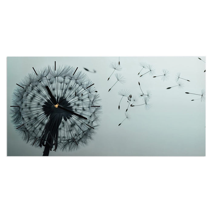 Wanduhr Sanfte Pusteblume aus Glas – Querformat 60 × 30 cm mit Ziffernblatt Linie