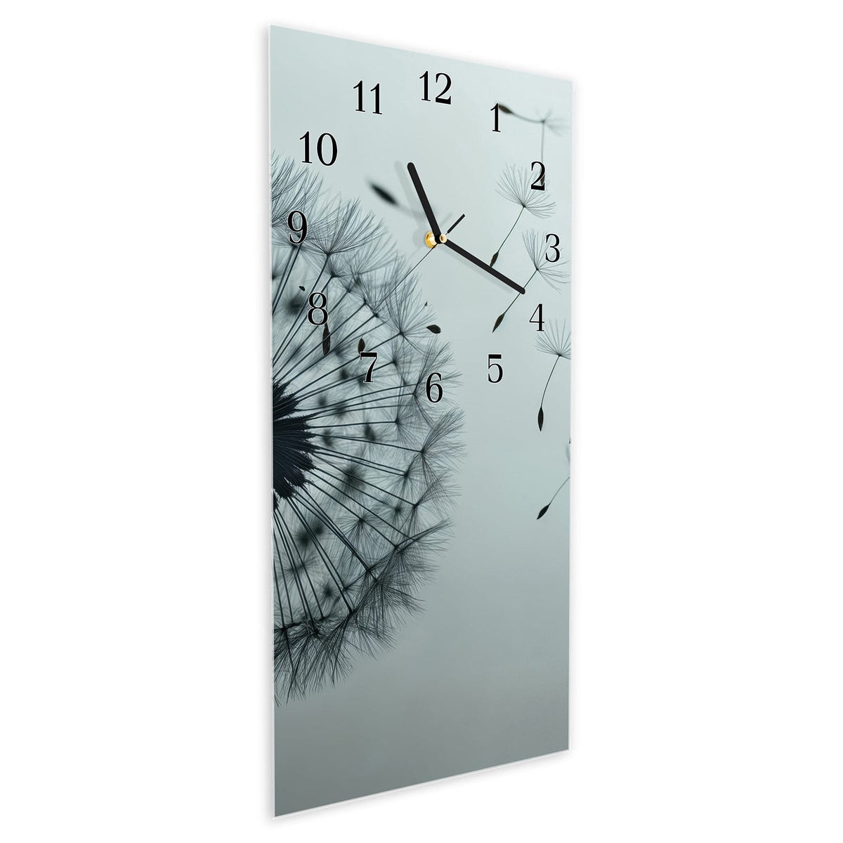 Vormontiert – mit Schwebeeffekt – Wanduhr Sanfte Pusteblume aus Glas – Hochformat 30 × 60 cm