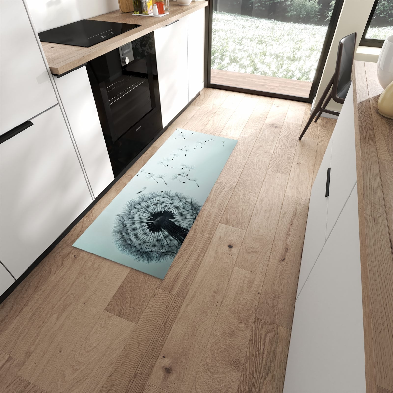 Rutschfester Küchenläufer mit Motiv In Wind Pusteblume in moderner Küche #grösse_60 x 150 cm