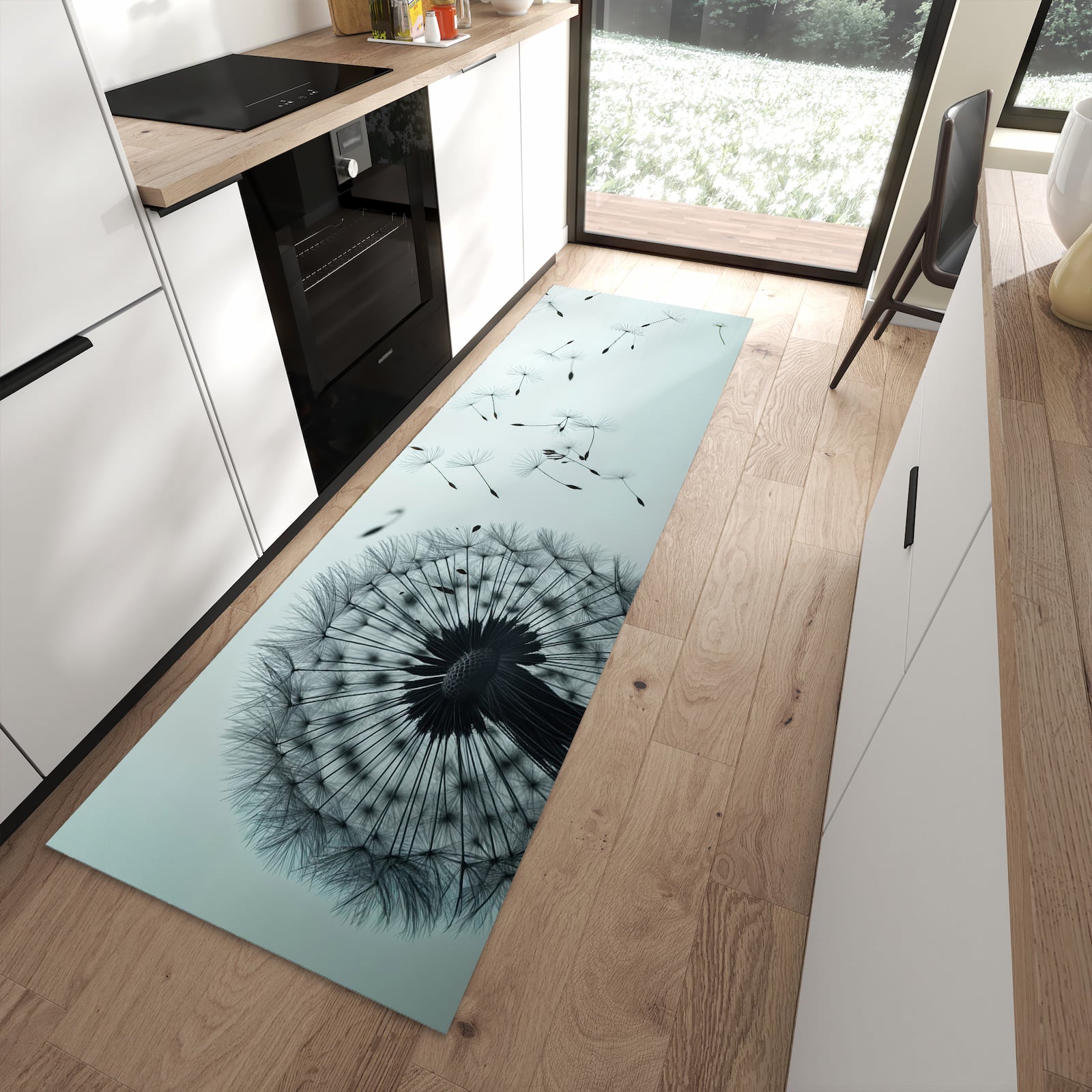 Sicherer Küchenläufer mit Motiv In Wind Pusteblume in moderner Küche