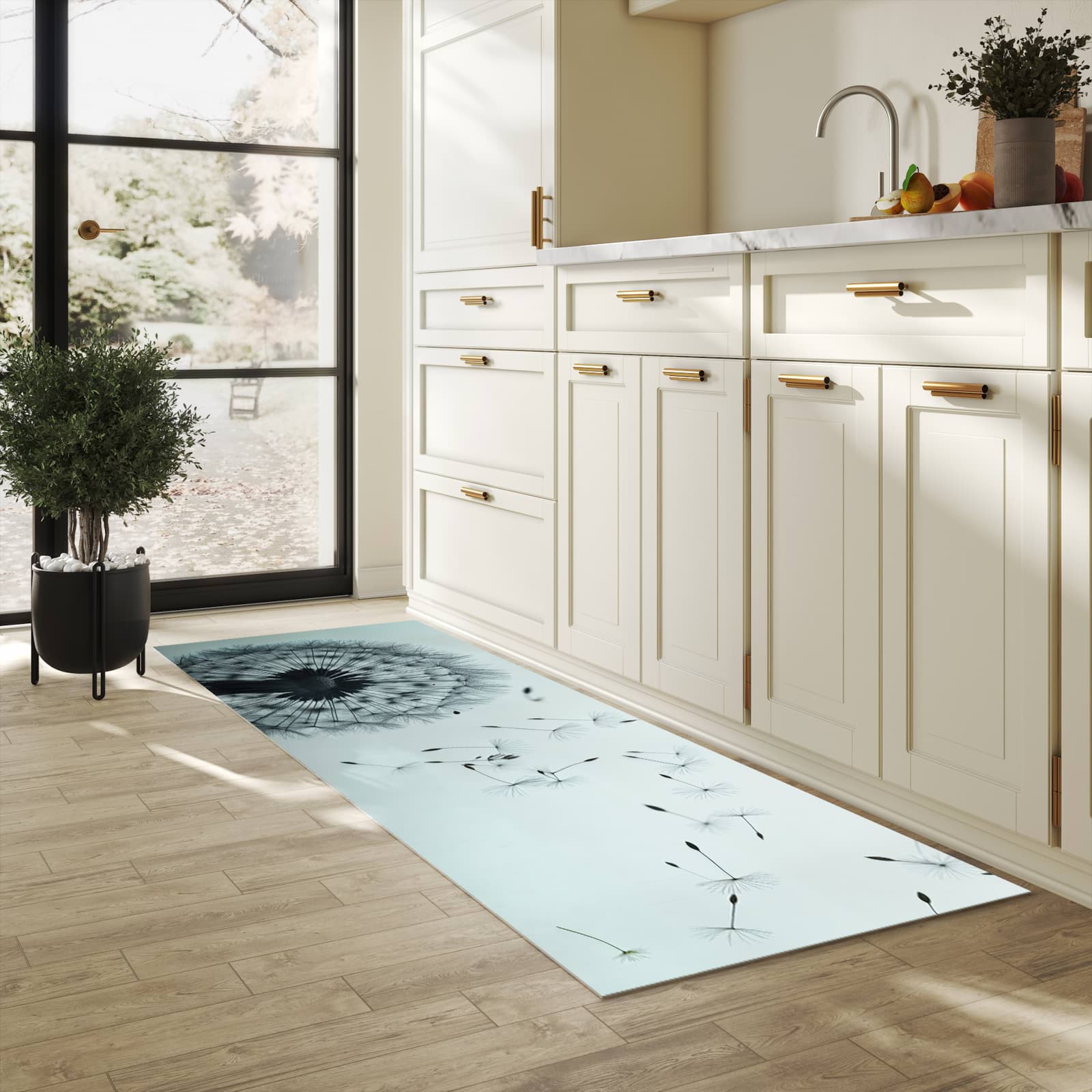 Geräuschdämpfender Küchenvorleger mit Motiv In Wind Pusteblume in heller Küche