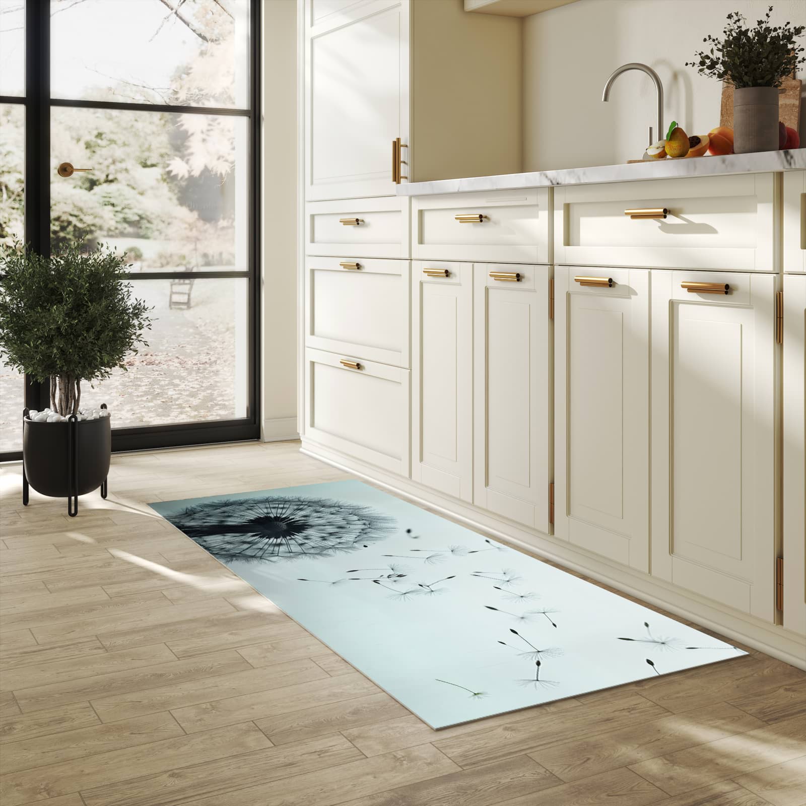 Zeitsparender Küchenteppich mit Motiv In Wind Pusteblume in heller Küche