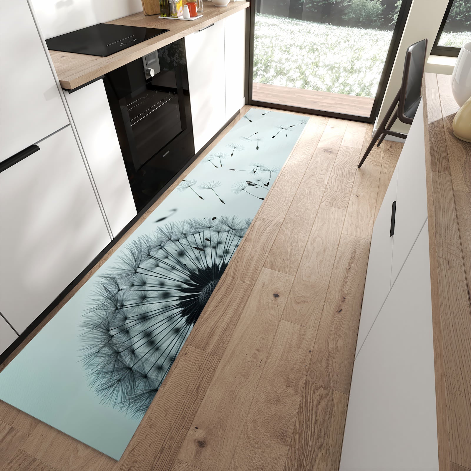 Bodenschonender rutschfester Küchenläufer mit Motiv In Wind Pusteblume in moderner Küche