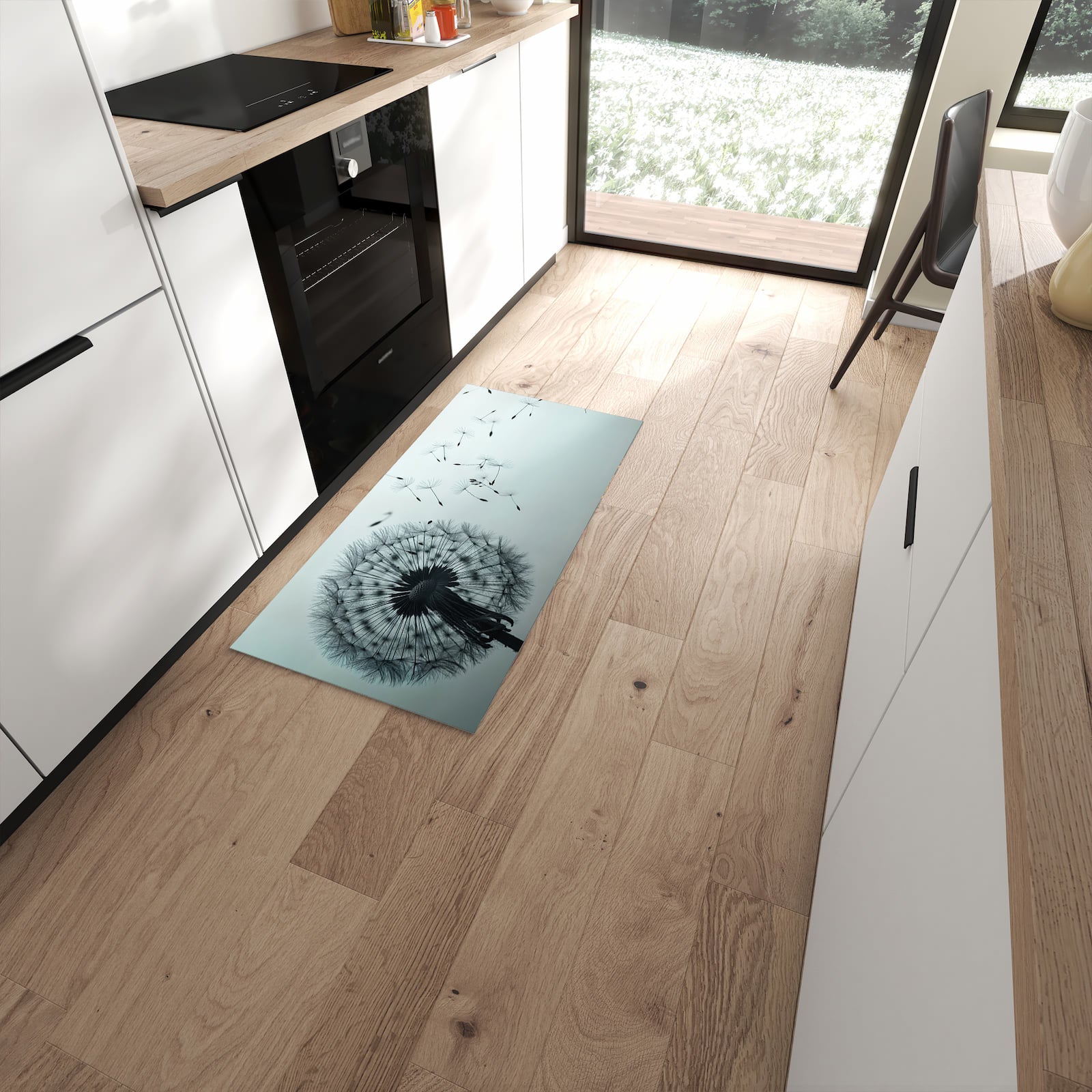 Langlebiger Küchenläufer mit Motiv In Wind Pusteblume in moderner Küche #grösse_60 x 120 cm