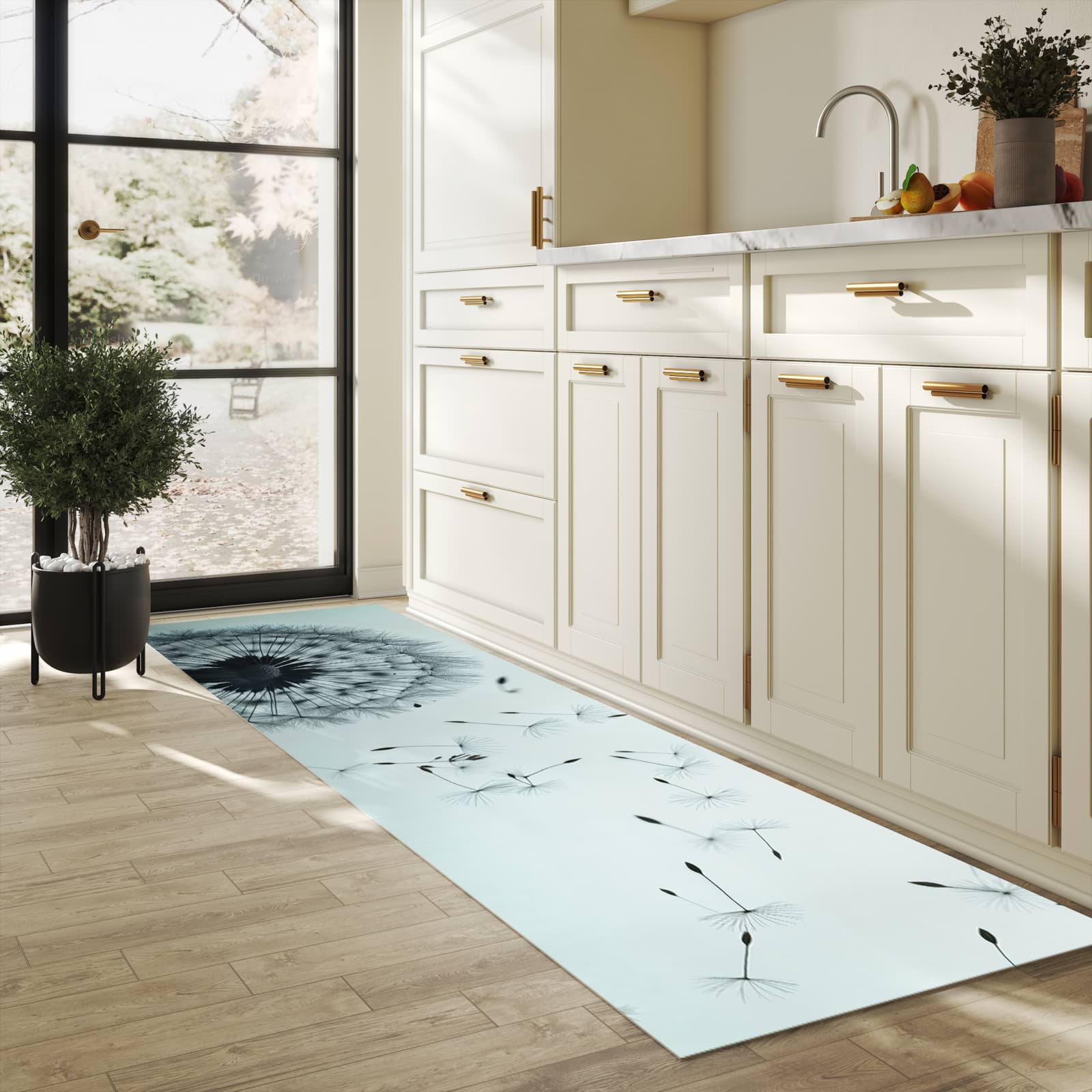 UV-beständiger Küchenläufer mit Motiv In Wind Pusteblume in heller Küche