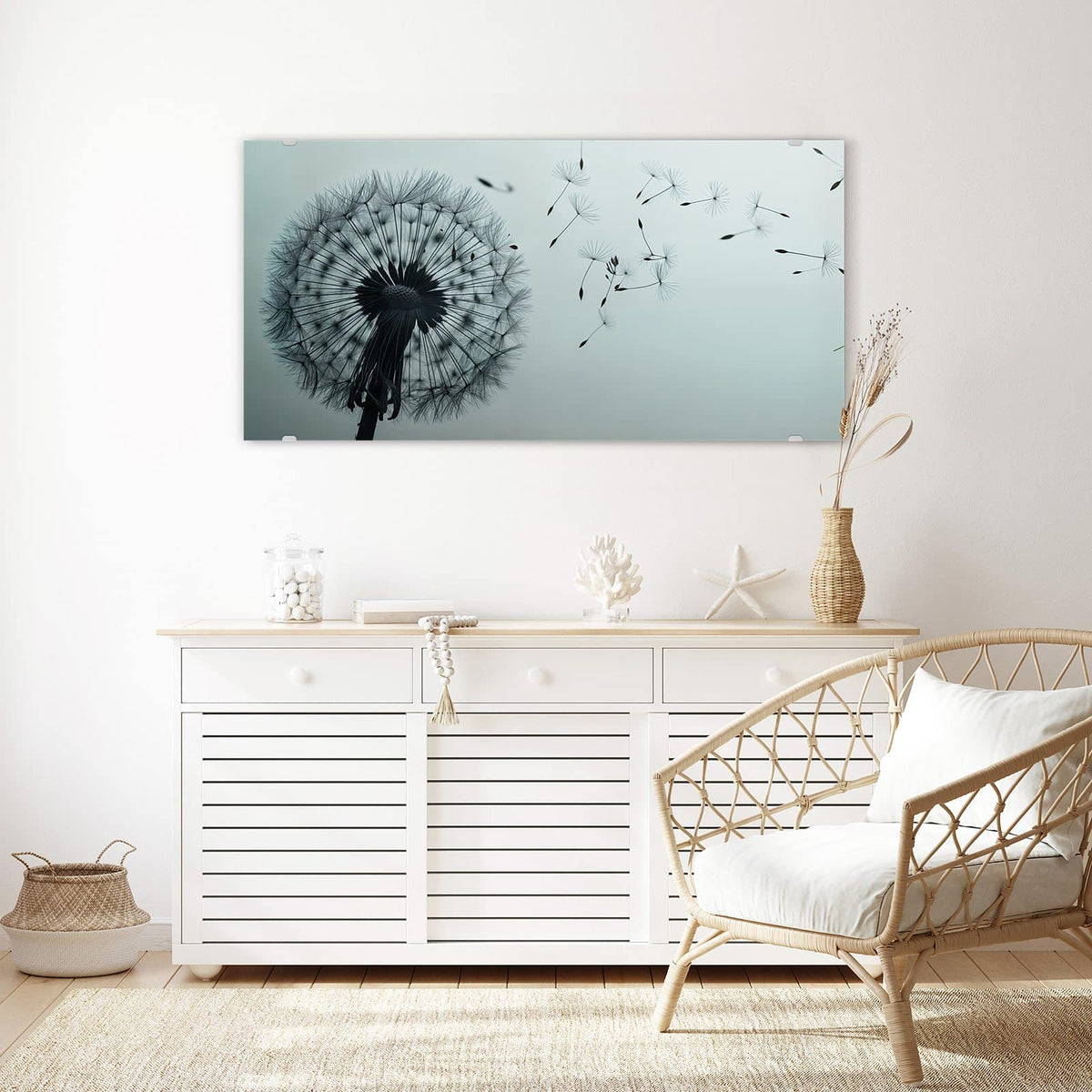 Echtglas, 4 mm – kein Acryl, keine Folie – Wandbild - Pusteblume in Graublau - Querformat