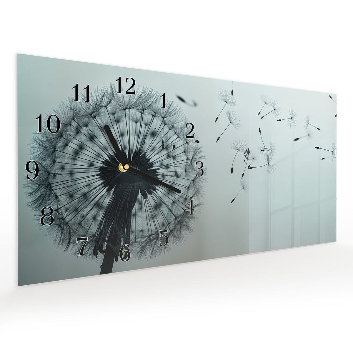 Vormontiert – mit Schwebeeffekt – Wanduhr Sanfte Pusteblume aus Glas – Querformat 60 × 30 cm