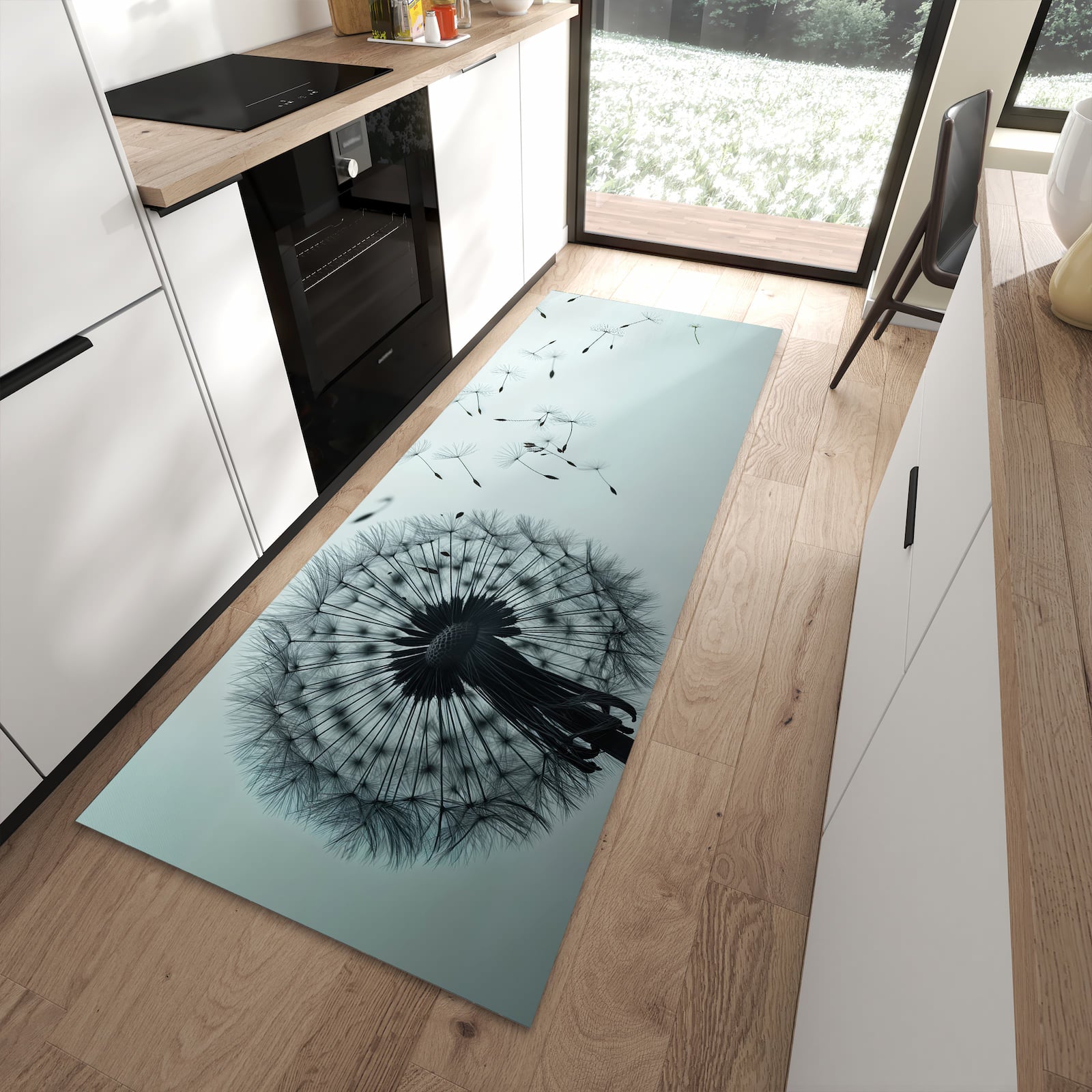 UV-beständiger abwaschbarer Küchenläufer mit Motiv In Wind Pusteblume in moderner Küche