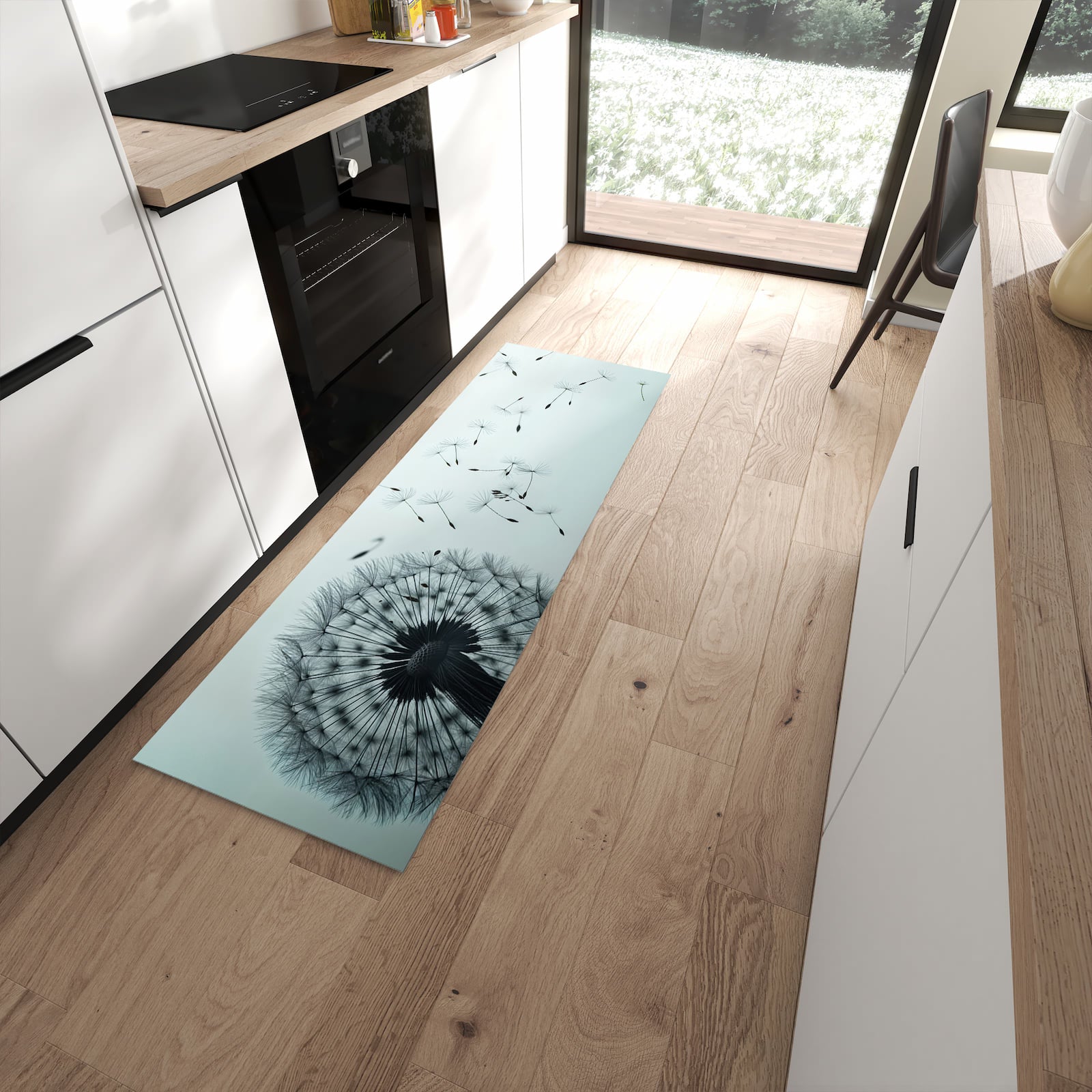Feuchtigkeitsresistenter Küchenläufer mit Motiv In Wind Pusteblume in moderner Küche