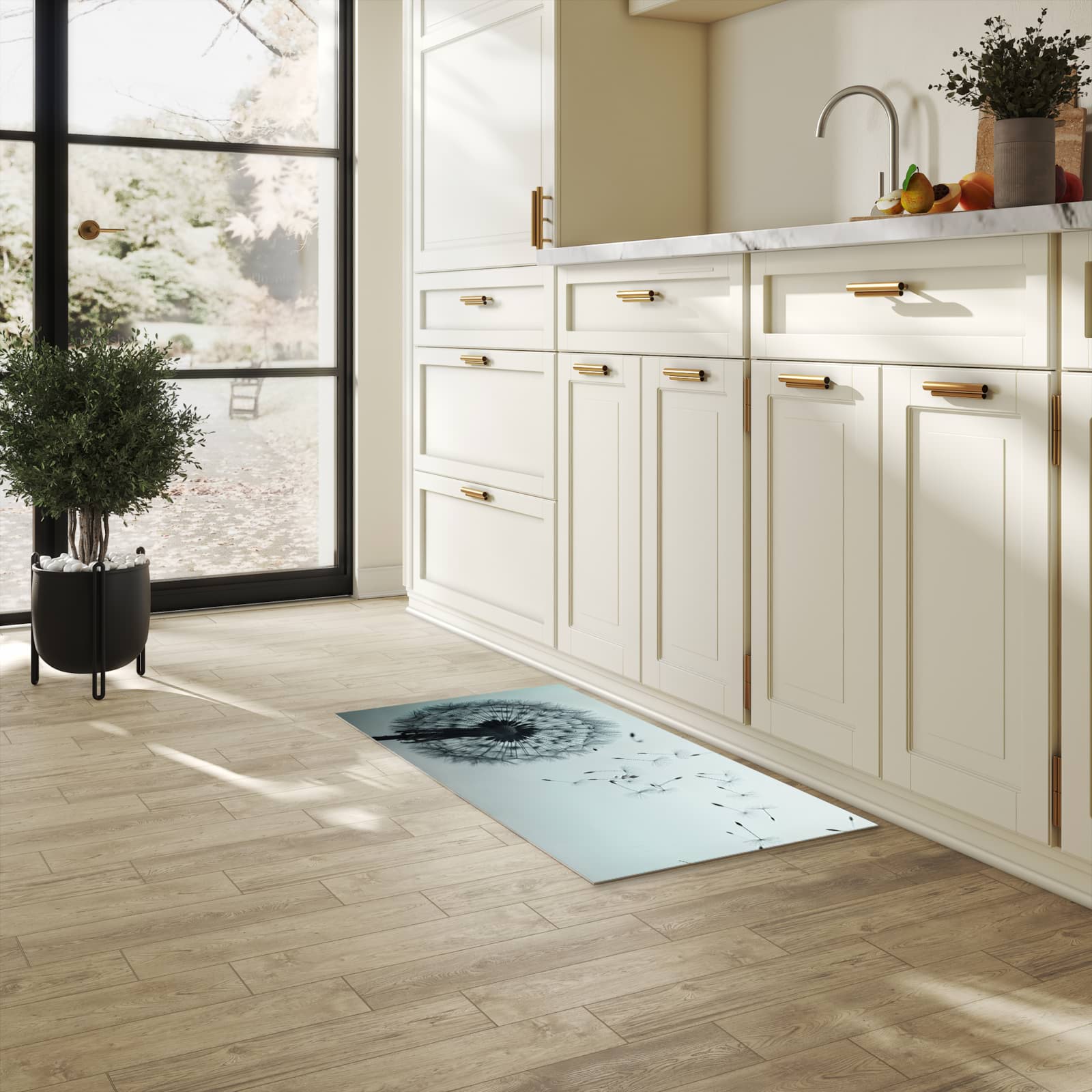 Feuchtigkeitsresistenter Teppich für die Küche mit Motiv In Wind Pusteblume in heller Küche