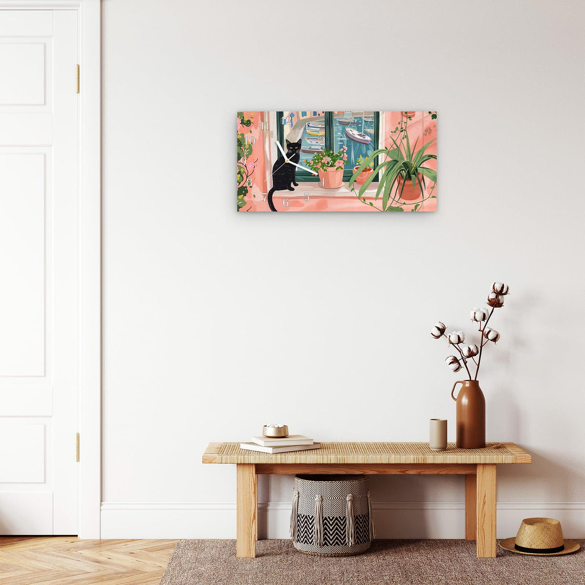 Moderne Wanduhr aus Glas mit Farbtiefe – Wanduhr Katze am Fenster aus Glas – Querformat 60 × 30 cm