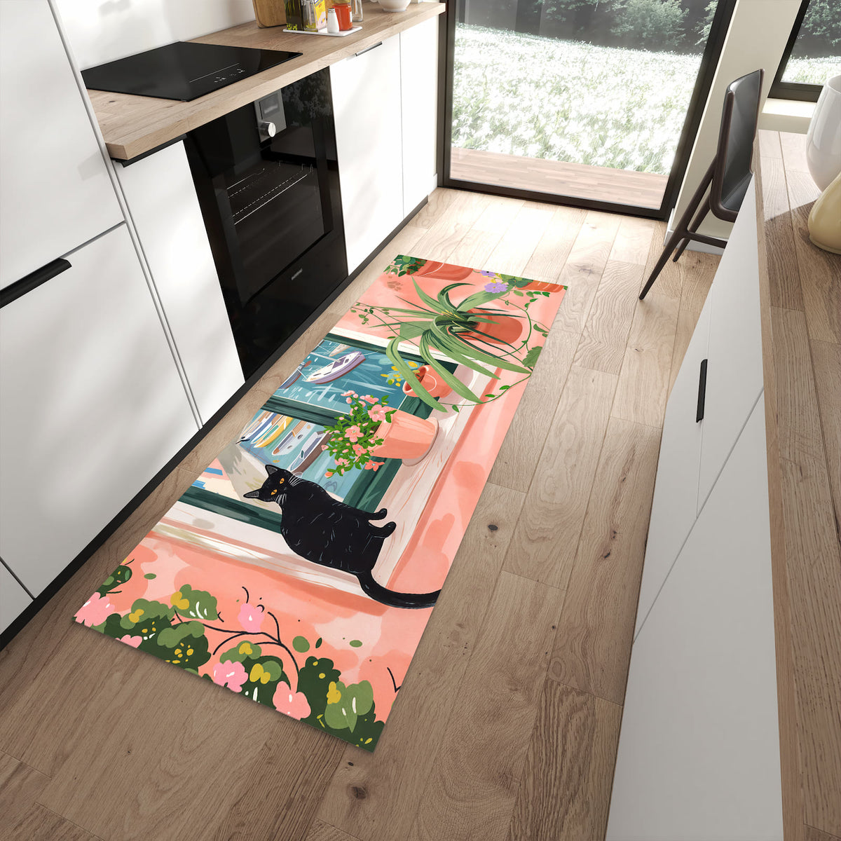 Rutschfester Küchenteppich mit Motiv Katze am Fenster in moderner Küche