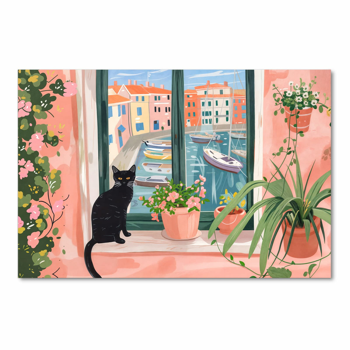 Feuchtigkeitsresistenter Küchenteppich mit Motiv Katze am Fenster in Frontansicht