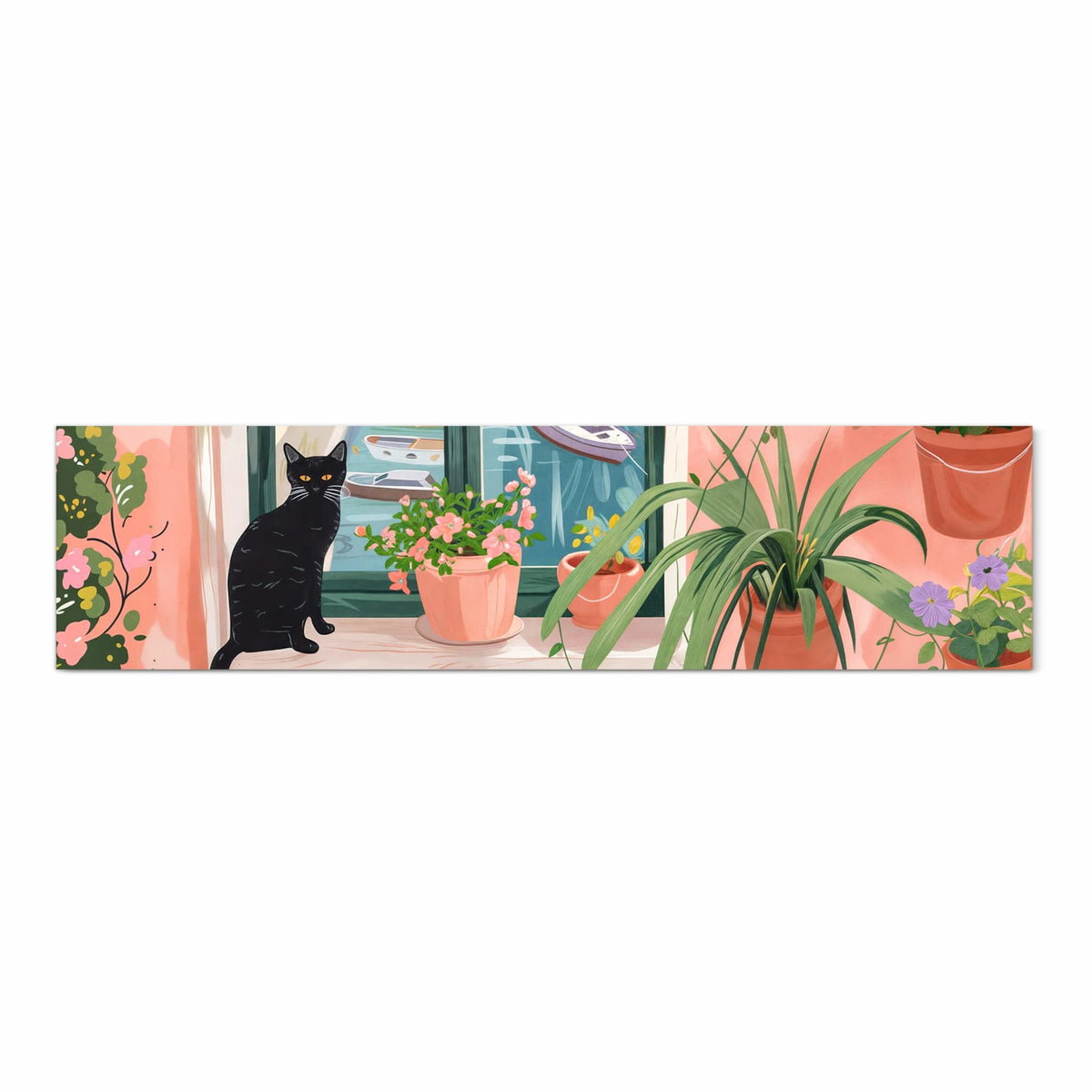 Waschbarer moderner Küchenläufer mit Motiv Katze am Fenster in Frontansicht