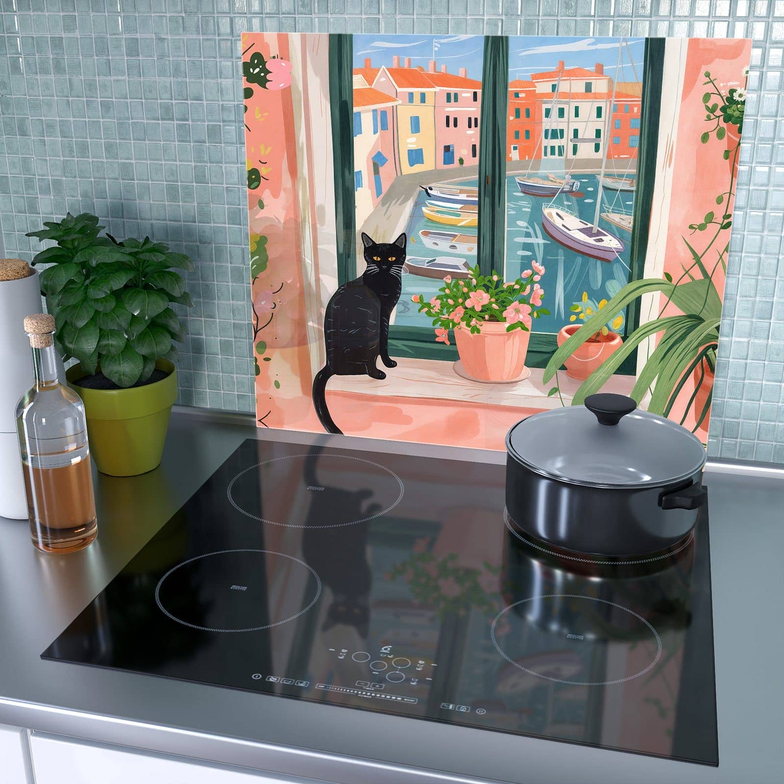 1-teilige Herdabdeckplatten aus Glas mit Katze am Fenster-Motiv als Spritzschutz hinter dem Kochfeld