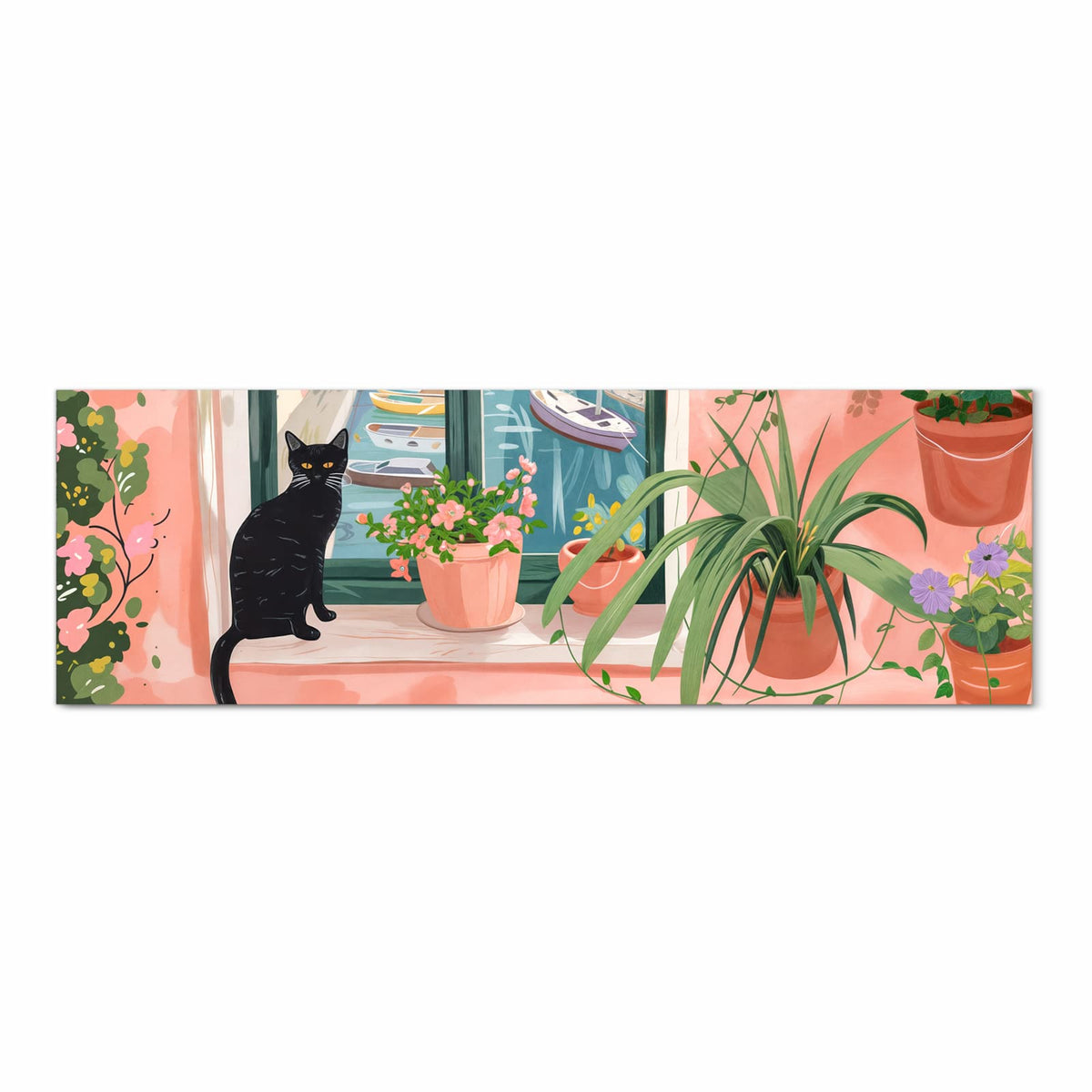 Bodenschonender Küchenteppich mit Motiv Katze am Fenster in Frontansicht