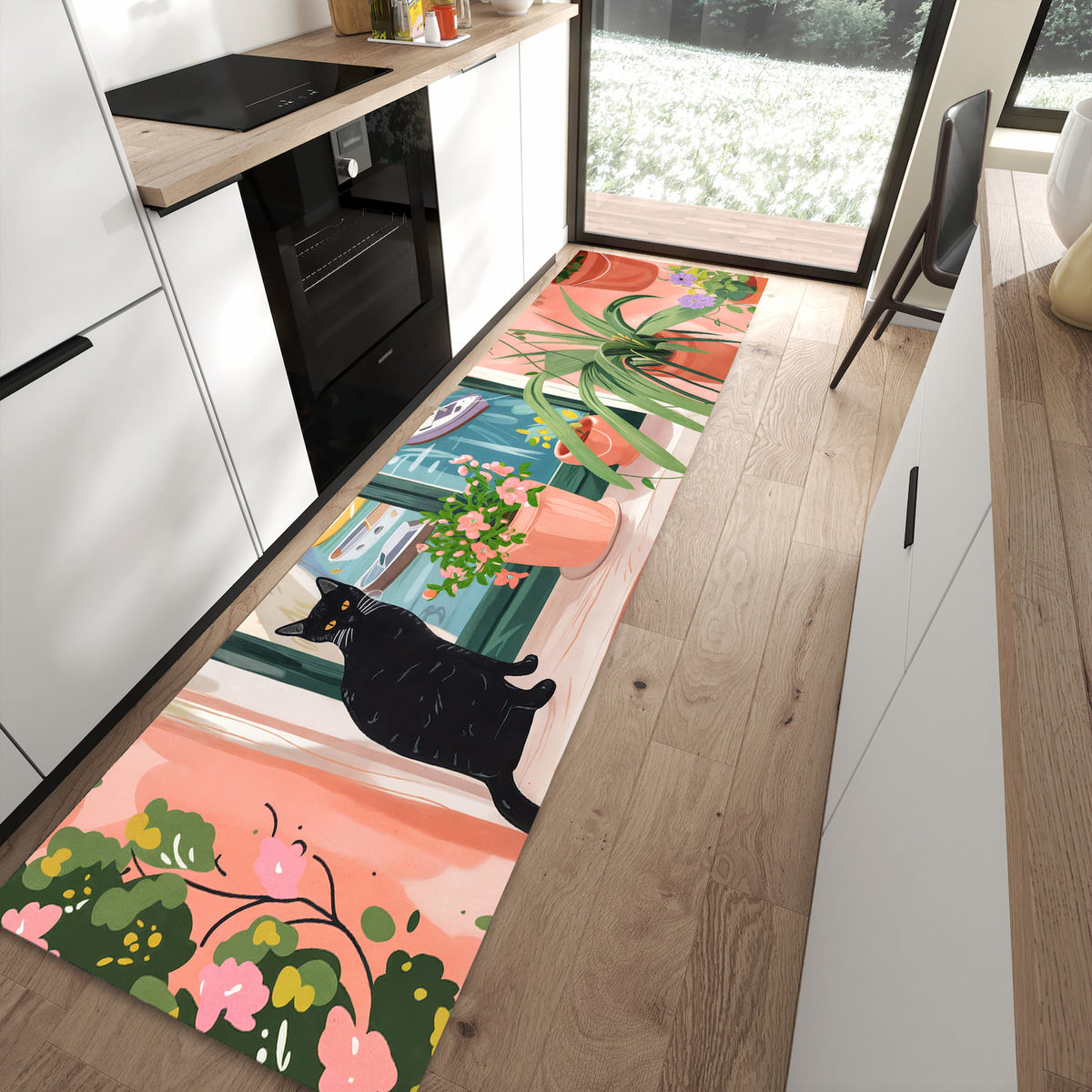 Hygienischer großer Küchenteppich mit Motiv Katze am Fenster in moderner Küche