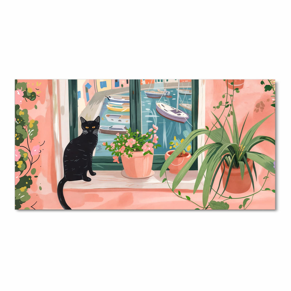 Komfortabler Küchenläufer mit Motiv Katze am Fenster in Frontansicht für angenehmes Stehen